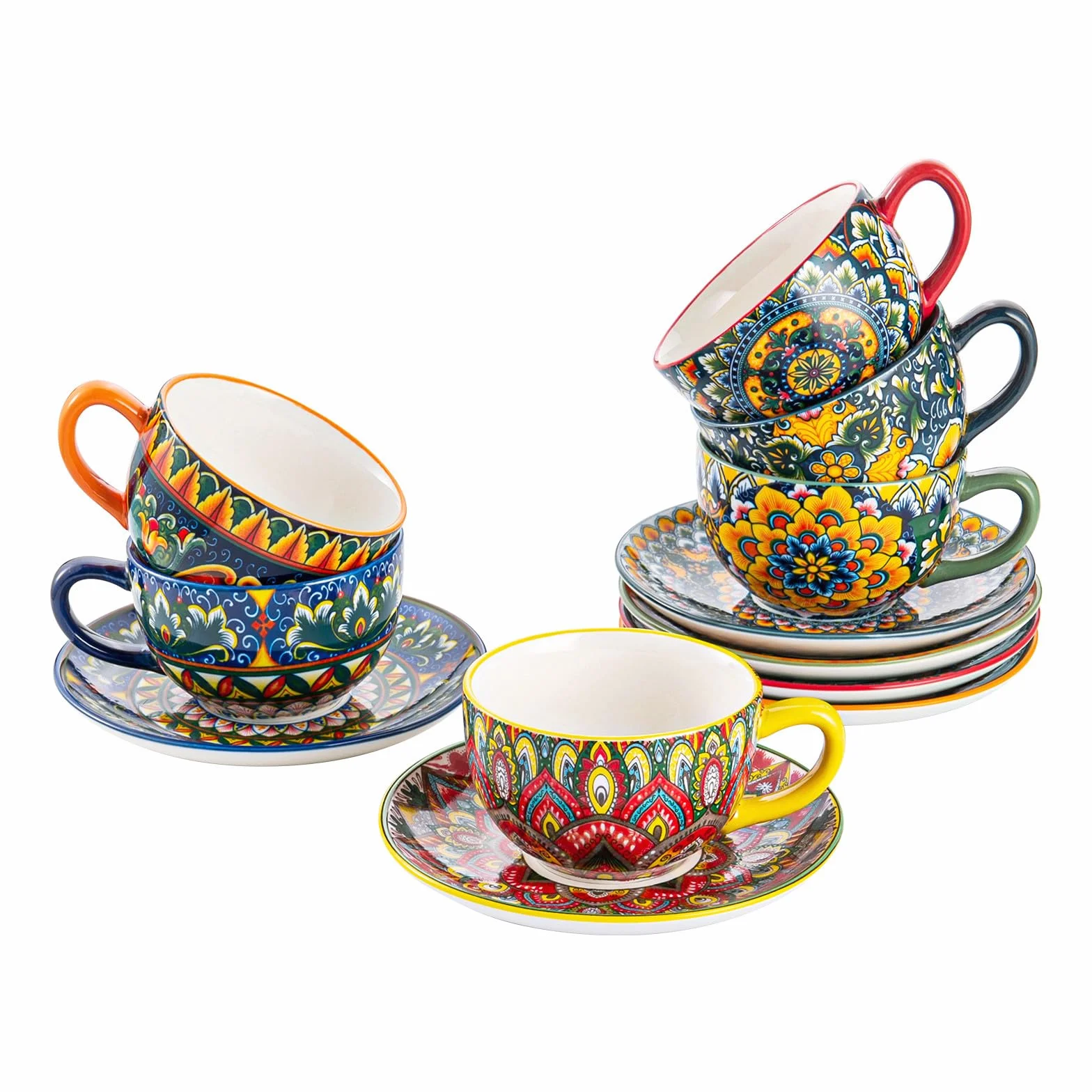 Henten Home Serwis do kawy z porcelany, 12-częściowy zestaw do kawy, kolorowy, ręcznie malowany, zestaw filiżanek do kawy dla 6 osób, zawiera filiżanki do kawy, spodki