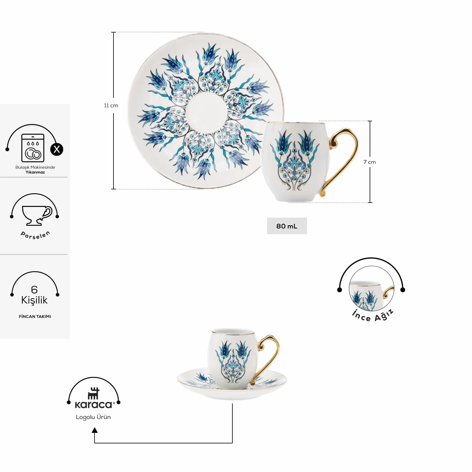 Karaca Iznik 12-częściowy zestaw porcelanowych filiżanek do kawy po turecku 90 ml