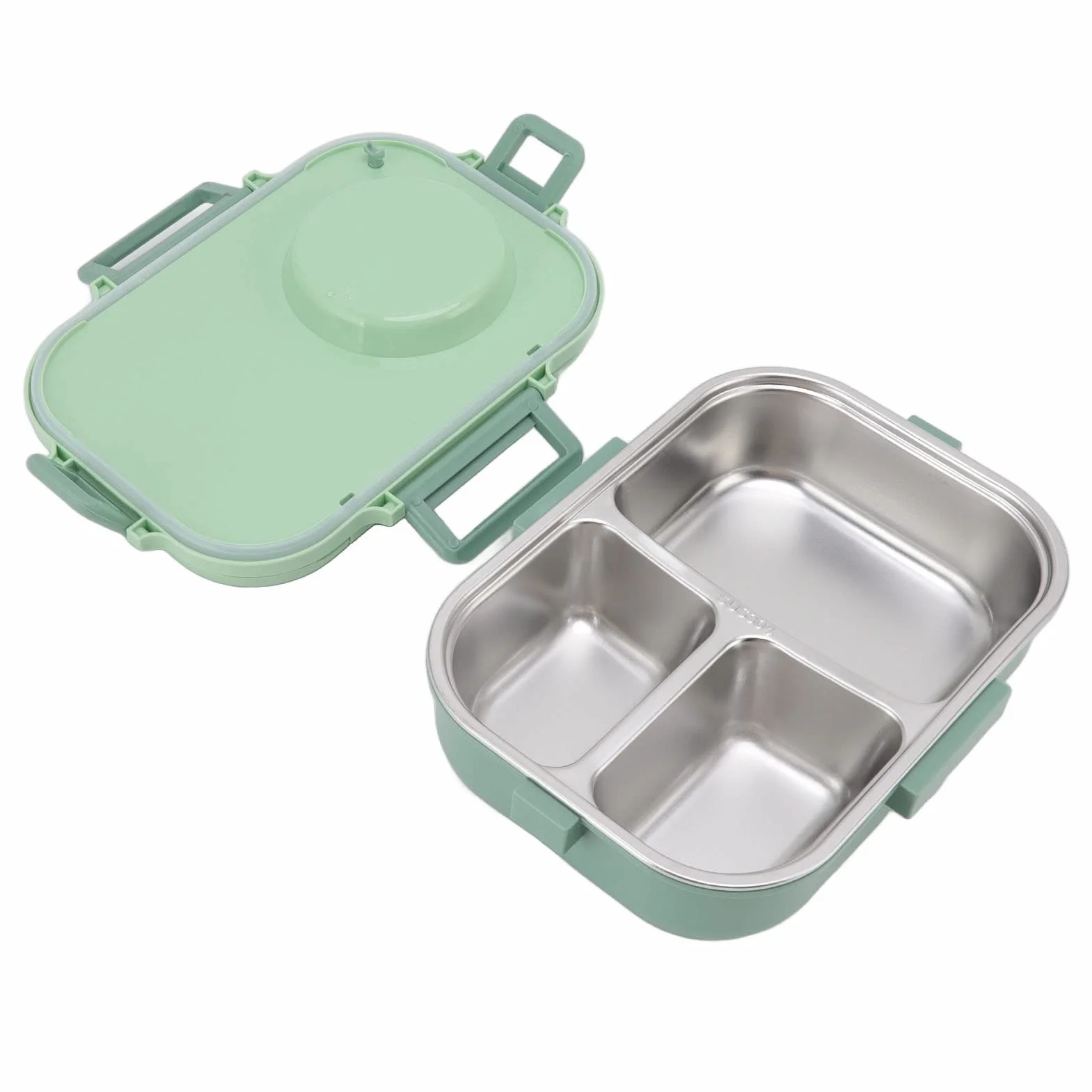 Bento Lunch Box, 1100ml Double Layer 3 Grid Design, 304 Thermal Lunch Box ze Stali Nierdzewnej z Pałeczkami Łyżka Miska na Zupę, Pojemnik na żywność dla Dzieci Studenci Dorośli(Zielony)