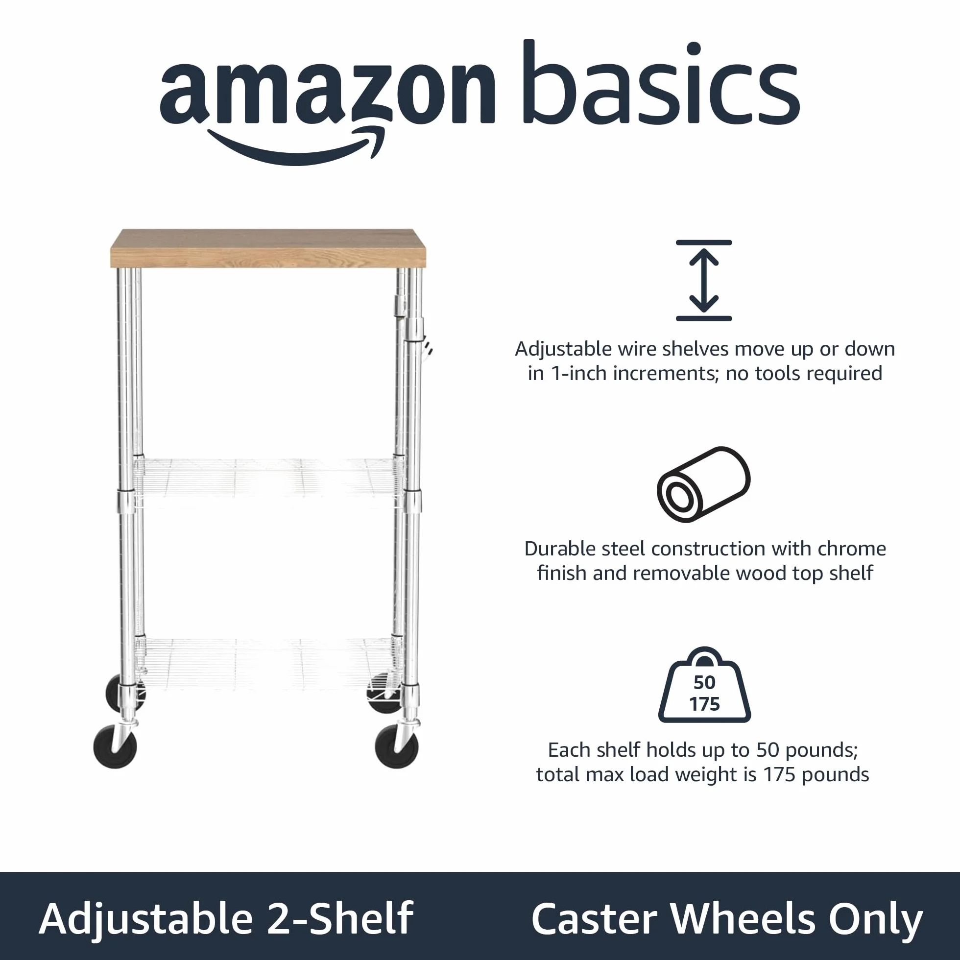 Amazon Basics Wózek pod kuchenkę mikrofalową, na kółkach, 3-poziomowy, ze zdejmowanym drewnianym blatem i chromowanymi półkami o regulowanej wysokości, nośność 79,5 kg, drewno/chrom