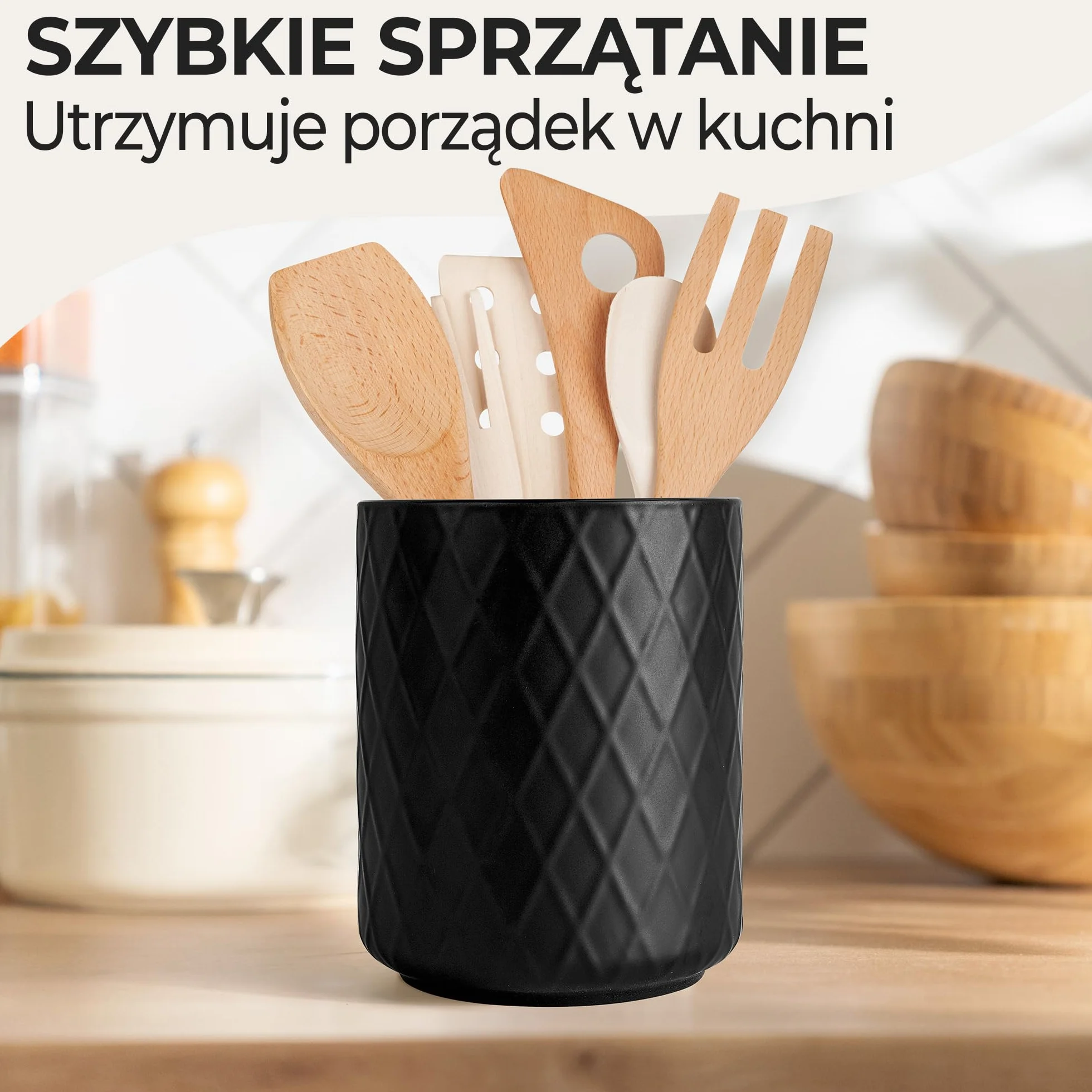 MIAMIO – Pojemnik na Przybory Kuchenne Ceramiczny / Zestaw Organizatorów Kuchennych, Dekoracja Wiejska do Organizacji Blatu i Przechowywania Sztućców, Łyżek Kuchennych (Czarny)