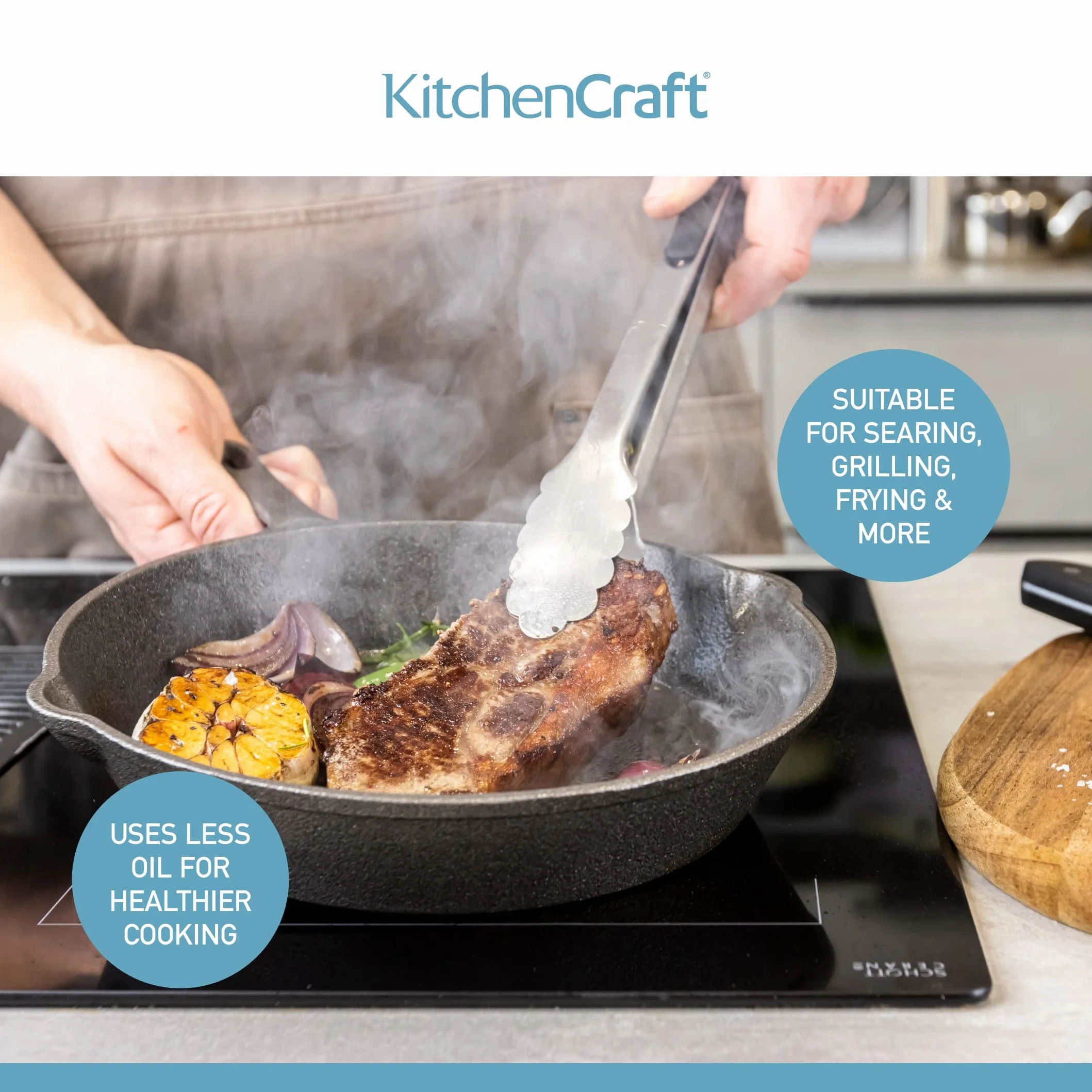 KitchenCraft Patelnia żeliwna, indukcyjna, nadaje się do piekarnika, grilla i grilla, okrągła patelnia żeliwna, 24 cm, czarna