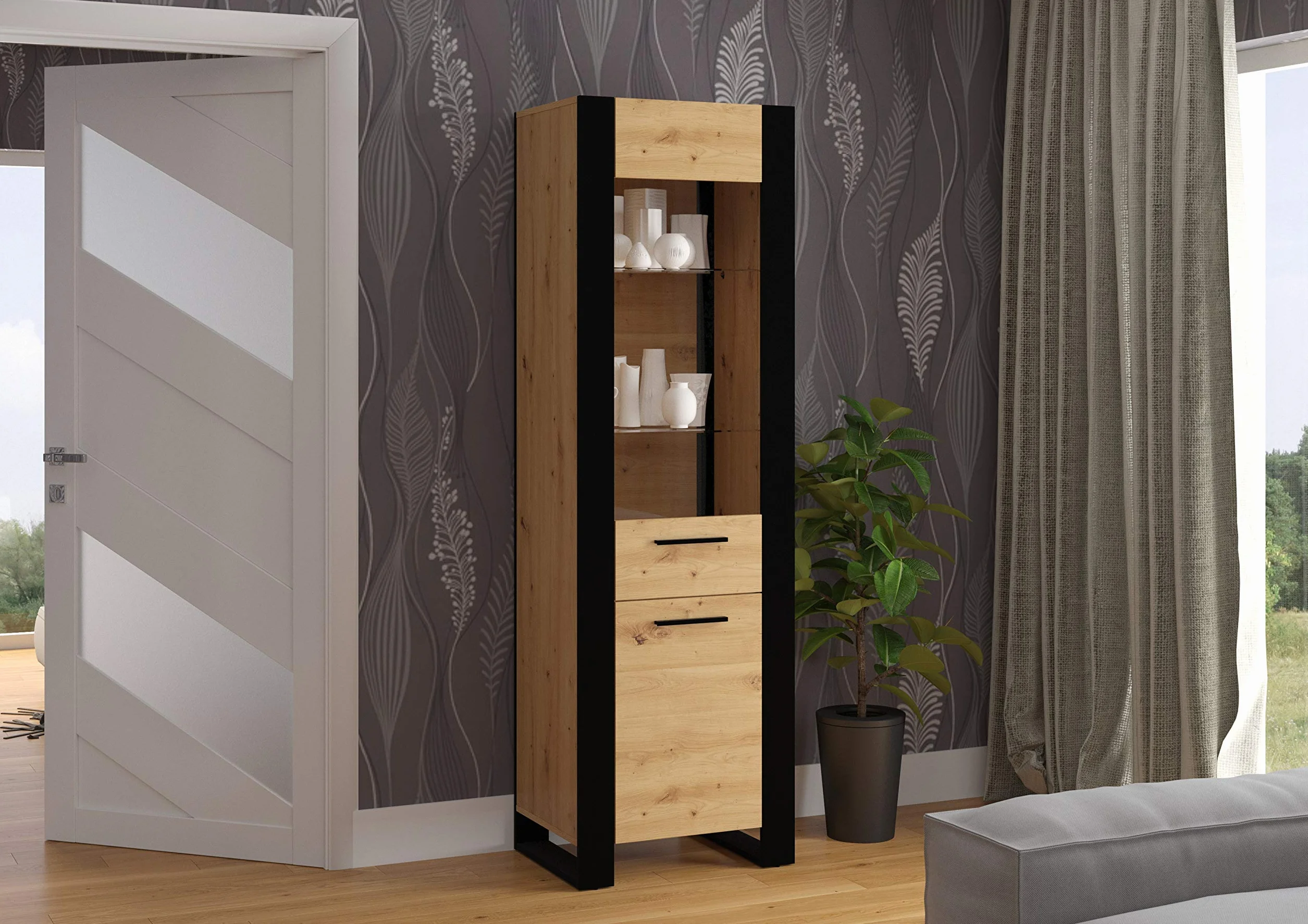 Witryna Nuka E 58 cm – dąb artisan czarna, nowoczesna szafka stojąca do salonu i jadalni, przeszklony mebel ekspozycyjny do przechowywania, kolekcja Nuka