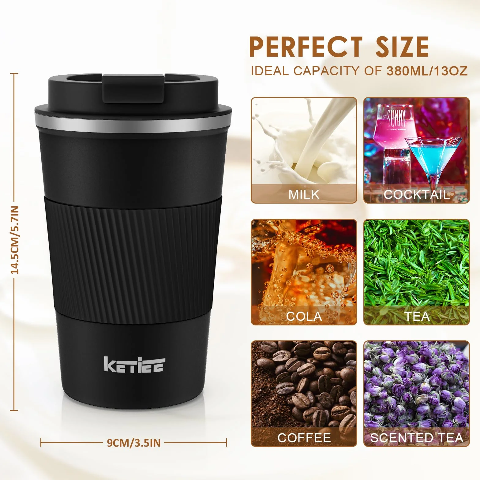 KETIEE Kubek Termiczny 380ml ze Stali Nierdzewnej Podwójne Ścianki Kubek Podróżny do Kawy Czarny