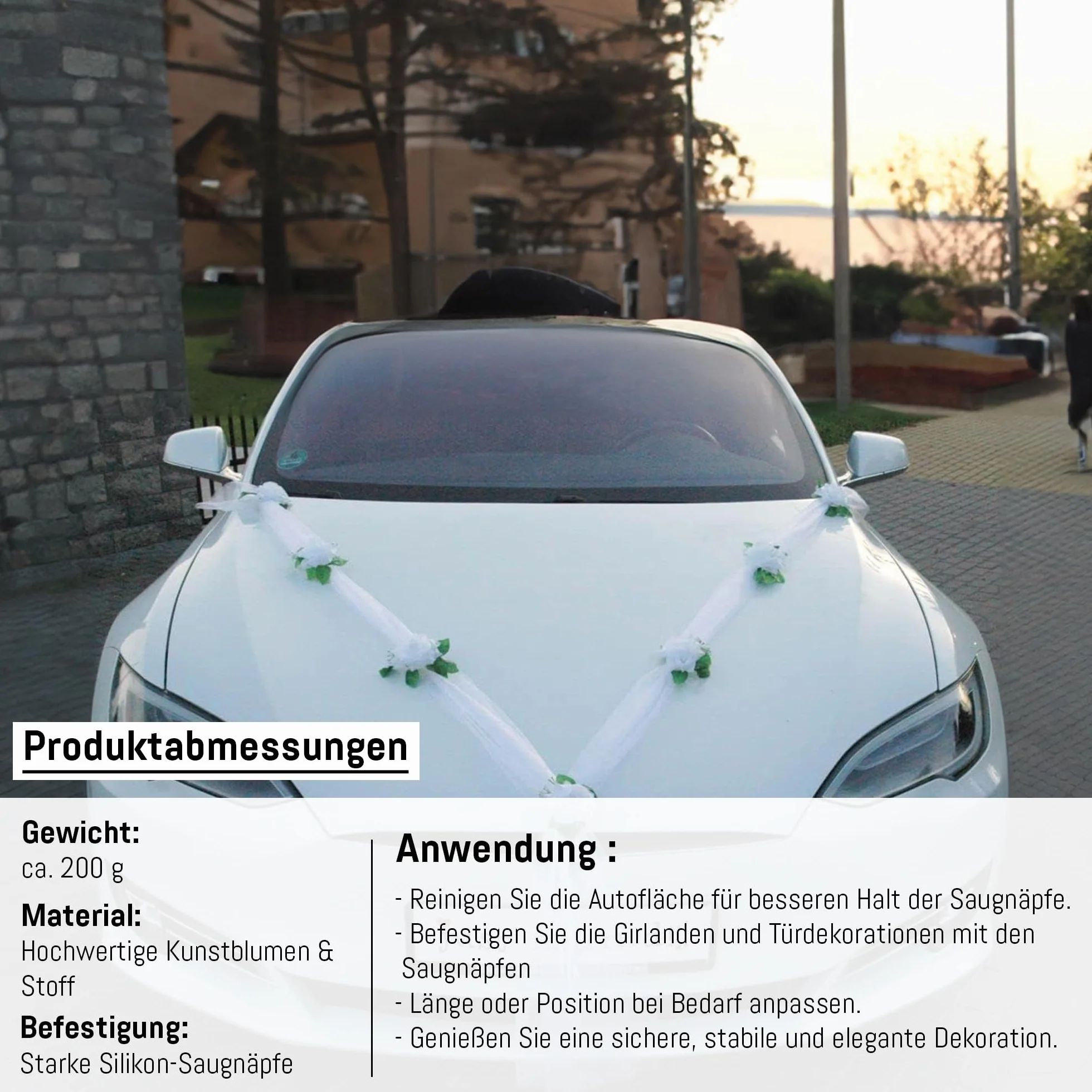 KLASYK Ozdoba samochodowa 100% gotowa dekoracja panna młoda para róża deko ozdoba samochodowa wesele Car Auto Wedding deko girlanda rattan (czysta biel/biała)
