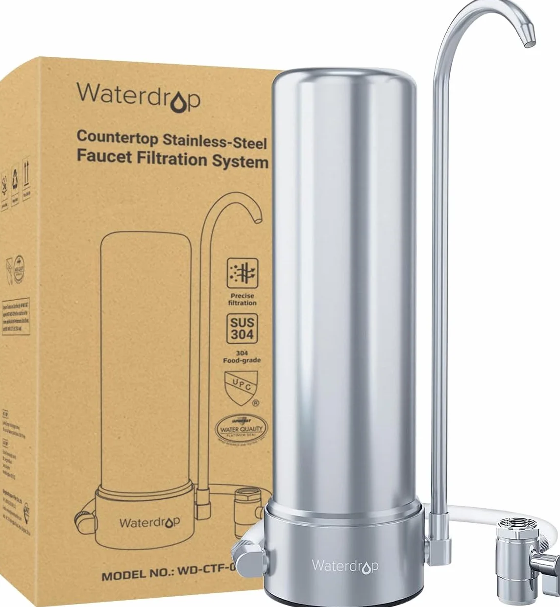 Waterdrop WD-CTF-01 System Filtrowania Blatu, 5-stopniowy Filtr Blatu ze Stali Nierdzewnej, Trwały Filtr Wody z Kranem, Usuwa 99% Chloru, Metali Ciężkich, Nieprzyjemny Smak (w Zestawie 1 Filtr)