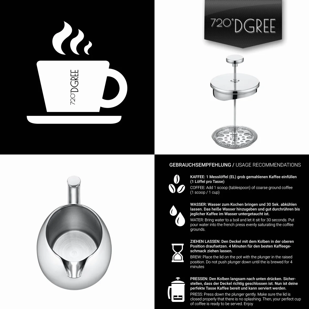 720°DGREE French Press "Sunrise" - izolowana kawiarnia z podwójnymi ściankami, premium ze stałym filtrem, na 4-8 filiżanek świeżo parzonej