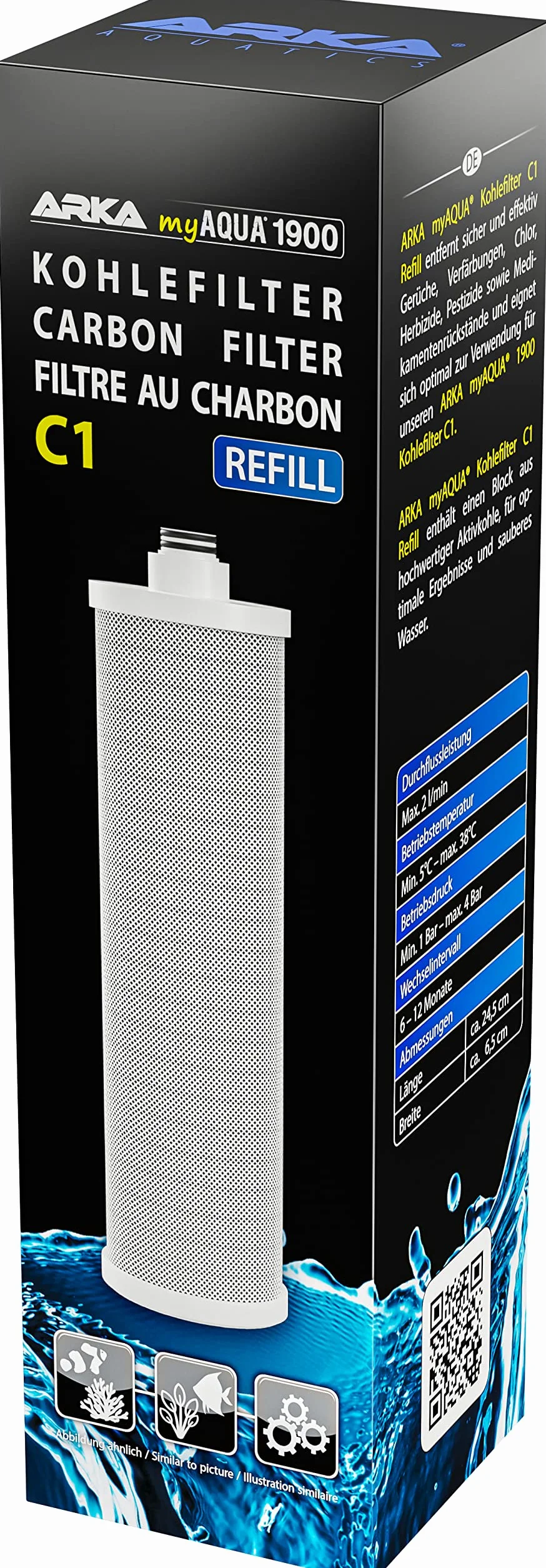 ARKA myAQUA® 1900 filtr węglowy C1 do filtrowania cząstek brudu i zanieczyszczeń, takich jak rdza i piasek, chlor, herbicydy, pestycydy i pozostałości leków z wody,