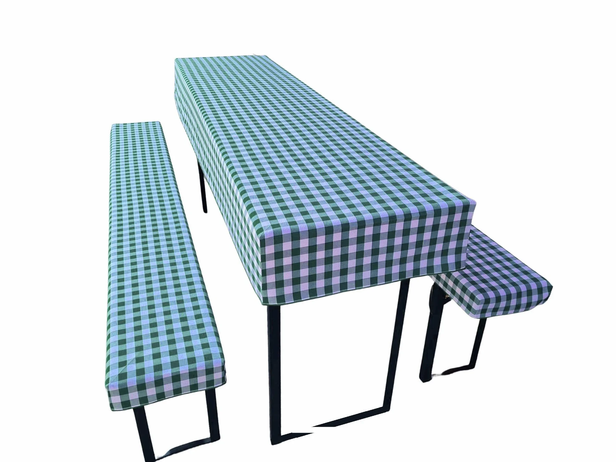 Zestaw mebli do namiotu piwnego (zestaw 3 szt.) składający się z 1 obrusu i 2 pokrowców na ławkę piwną. Rozmiar i kolory do wyboru (110 x 60 cm, zielona kratka)