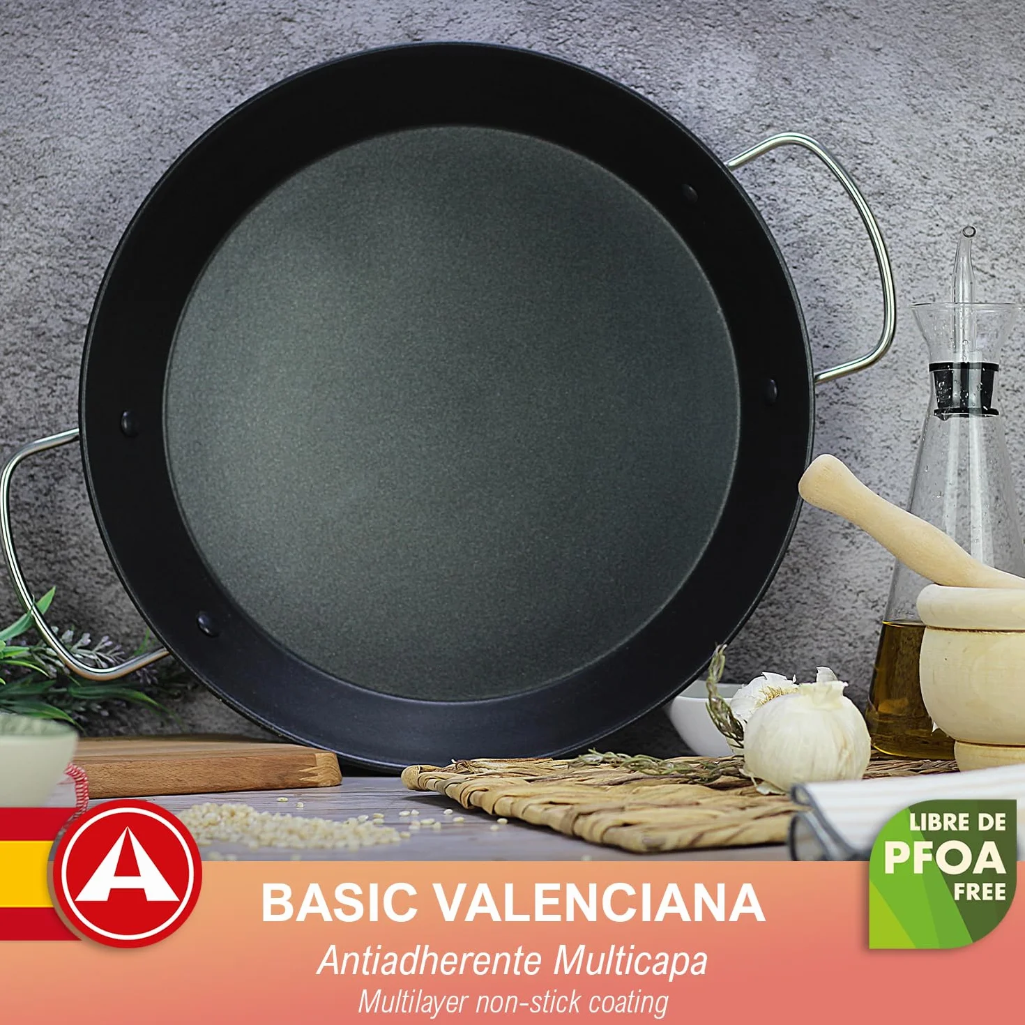 Alza Basic - Patelnia do Paella 32 cm, Stal Nierdzewna 18/10, Wszystkie Rodzaje Płytek, Indukcja i Piekarnik, Powłoka Nieprzywierająca Wielowarstwowa Wolna od PFOA