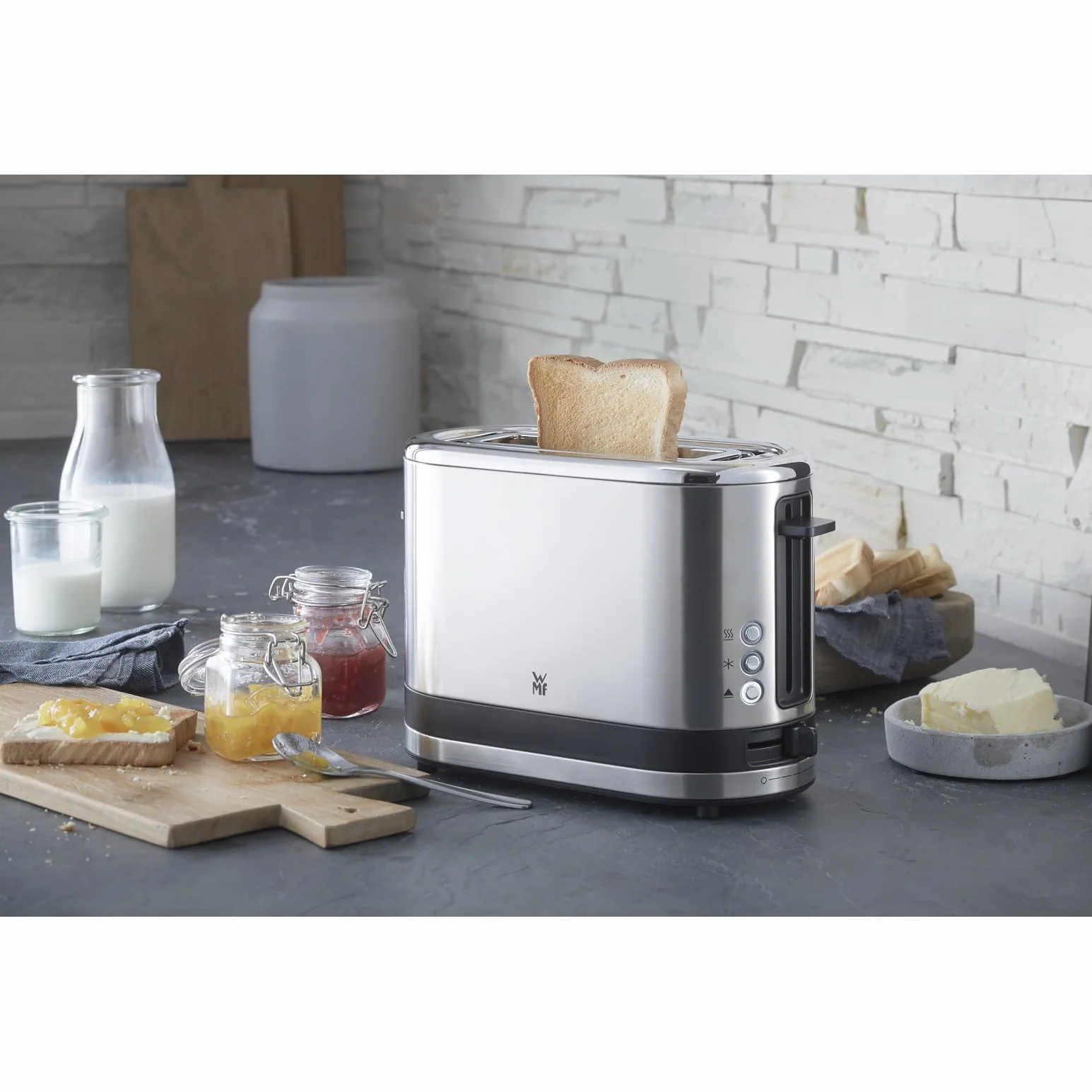 WMF Küchenminis toster na 1 kromki, długa szczelina, XXL-Tost, nakładka na bułki, 7 stopni opiekania, zabezpieczenie przed przegrzaniem, 600 W, stal nierdzewna, matowa