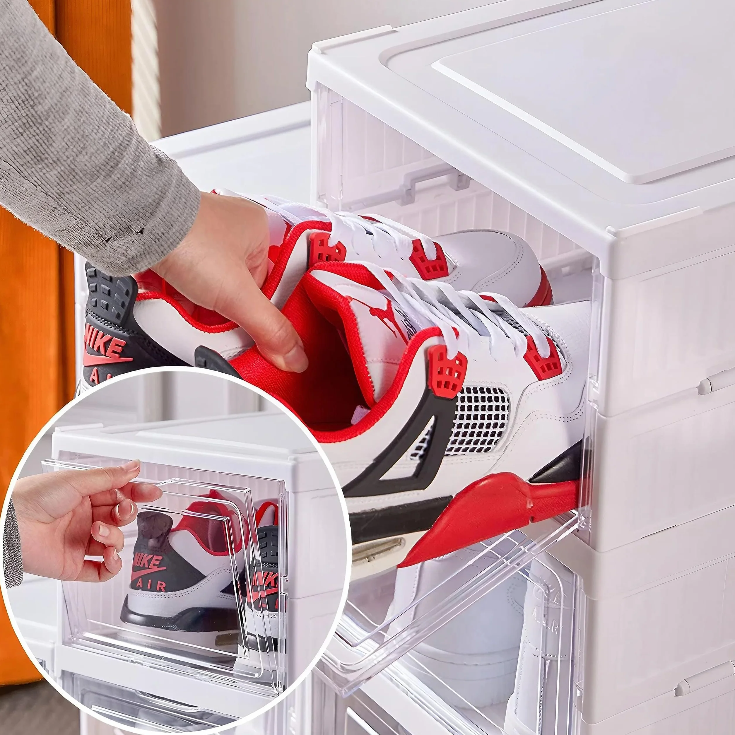 GUDEMAY Pudełka na buty – składana szafka na buty z przezroczystymi drzwiczkami – regał na buty z tworzywa sztucznego można układać w stos, zajmuje mało miejsca, do sneakersów do rozmiaru 46, bez