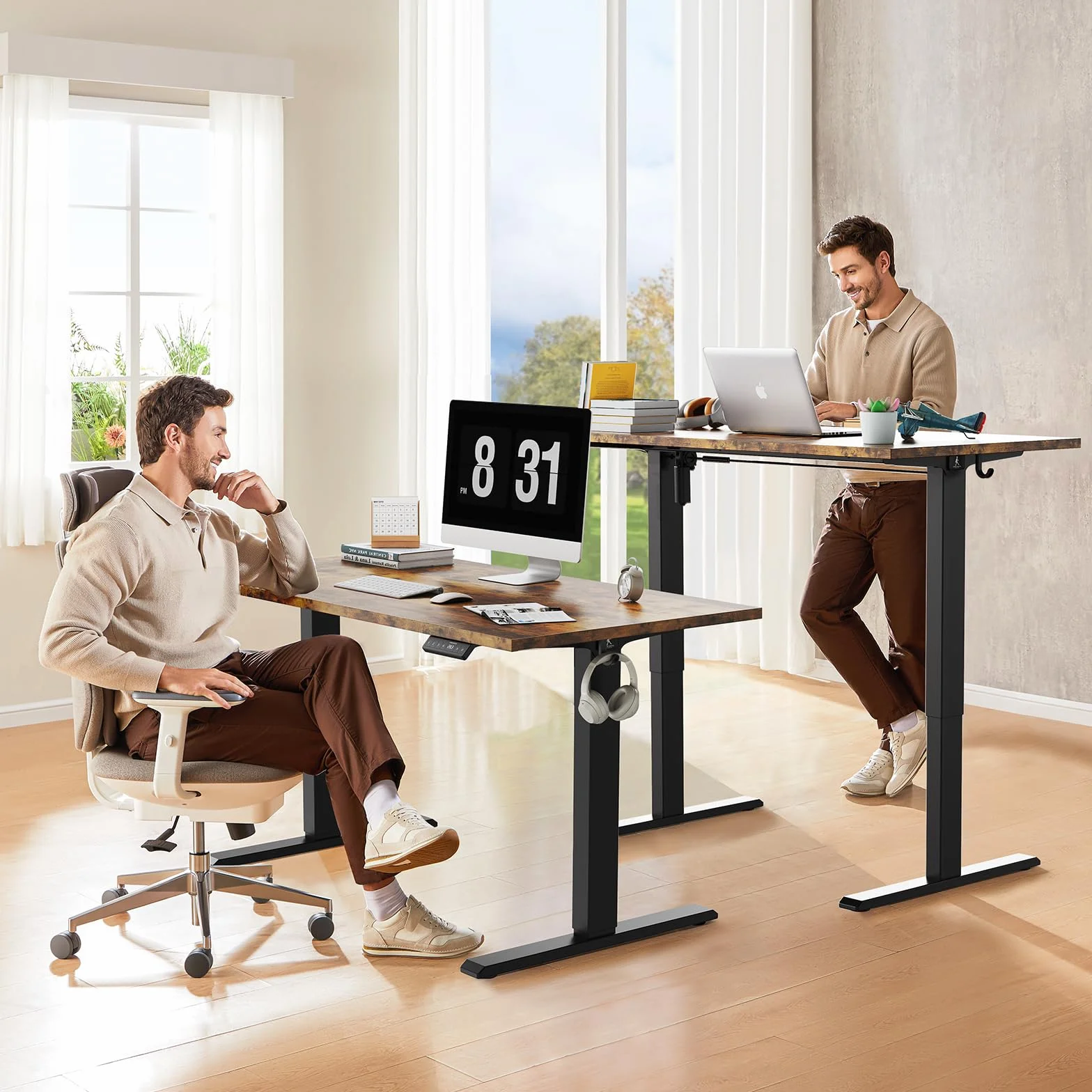 WALKINGDESK Biurko z elektryczną regulacją wysokości, 140x70 cm biurko elektryczne do pracy na stojąco i na siedząco, Jednoczęściowy blat stołu, Rustiek Bruin