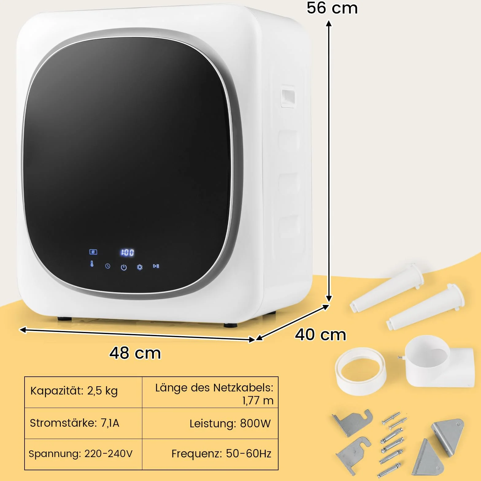 COSTWAY Mini suszarka, 5 kg, do 69℃, ekran dotykowy LED, suszarka wywiewowa z dezynfekcją i dezodoryzacją oraz zabezpieczeniem przed przegrzaniem, wielokrotna filtracja, 4 temperatury