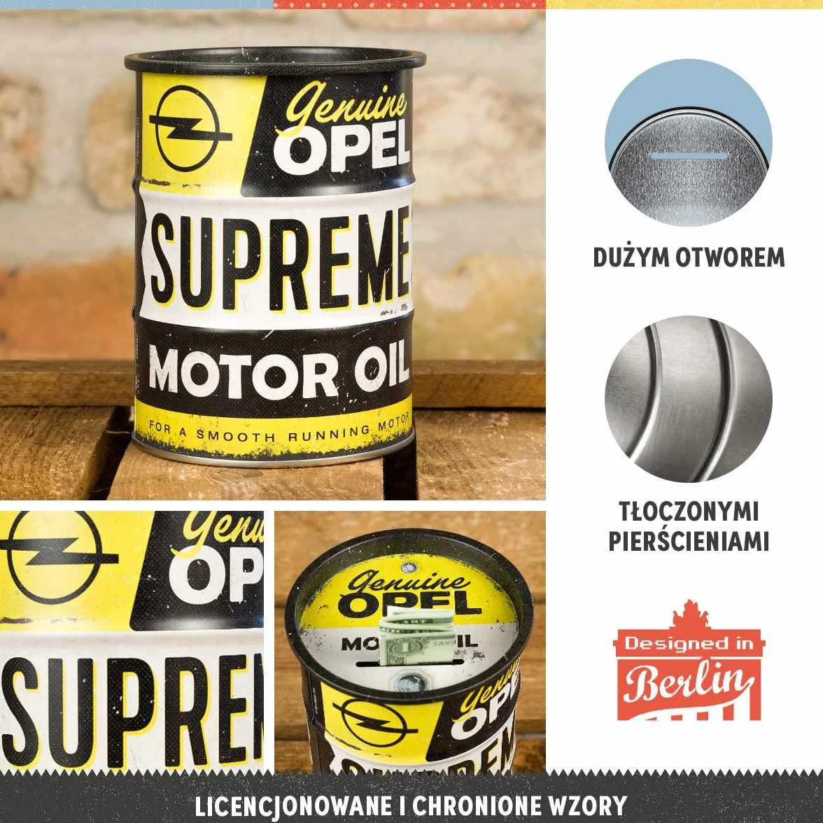 Nostalgic-Art Retro skarbonka, 600 ml, Opel – Supreme Motor Oil – Pomysł na prezent dla miłośników Opla, Official License Product (OLP), metalowa skarbonka, Styl vintage