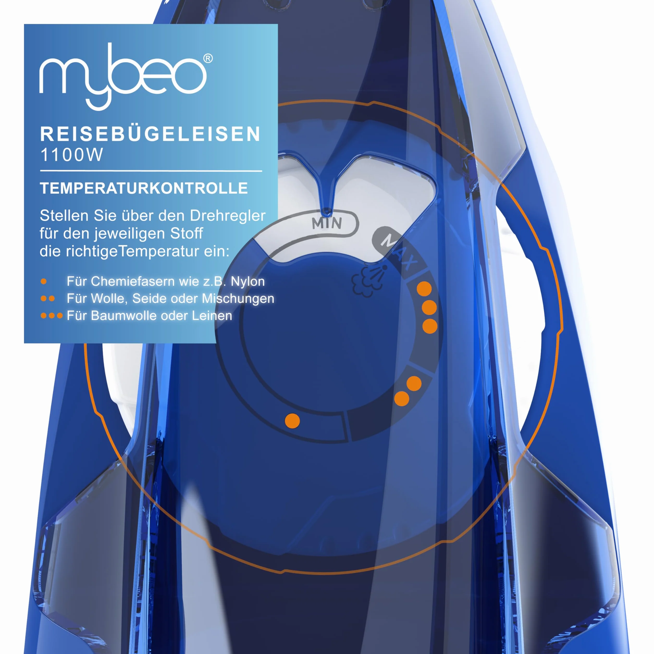 MyBeo – żelazko turystyczne 1100 W – żelazko parowe – Dual-Voltage 110/230 V – mini żelazko z nieprzywierającą stopą żelazka – 3-stopniowa regulacja, składane żelazko podróżne, małe i lekkie