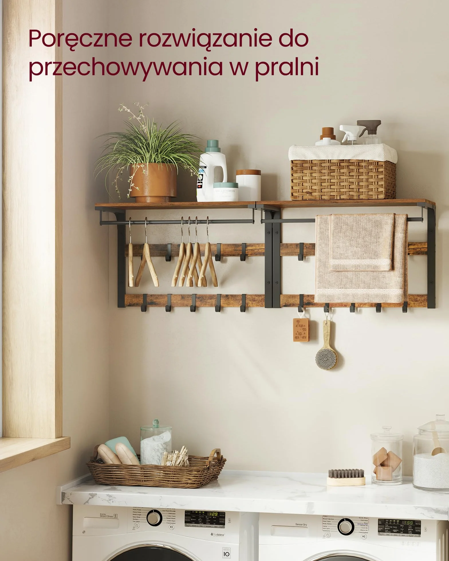 Wieszak ścienny VASAGLE, z półką, półka ścienna z 10 wymiennymi haczykami, półka wisząca, montaż na ścianie, drążek na ubrania, do przedpokoju, sypialni, łazienki, vintage brązowo-czarny LCR101B01