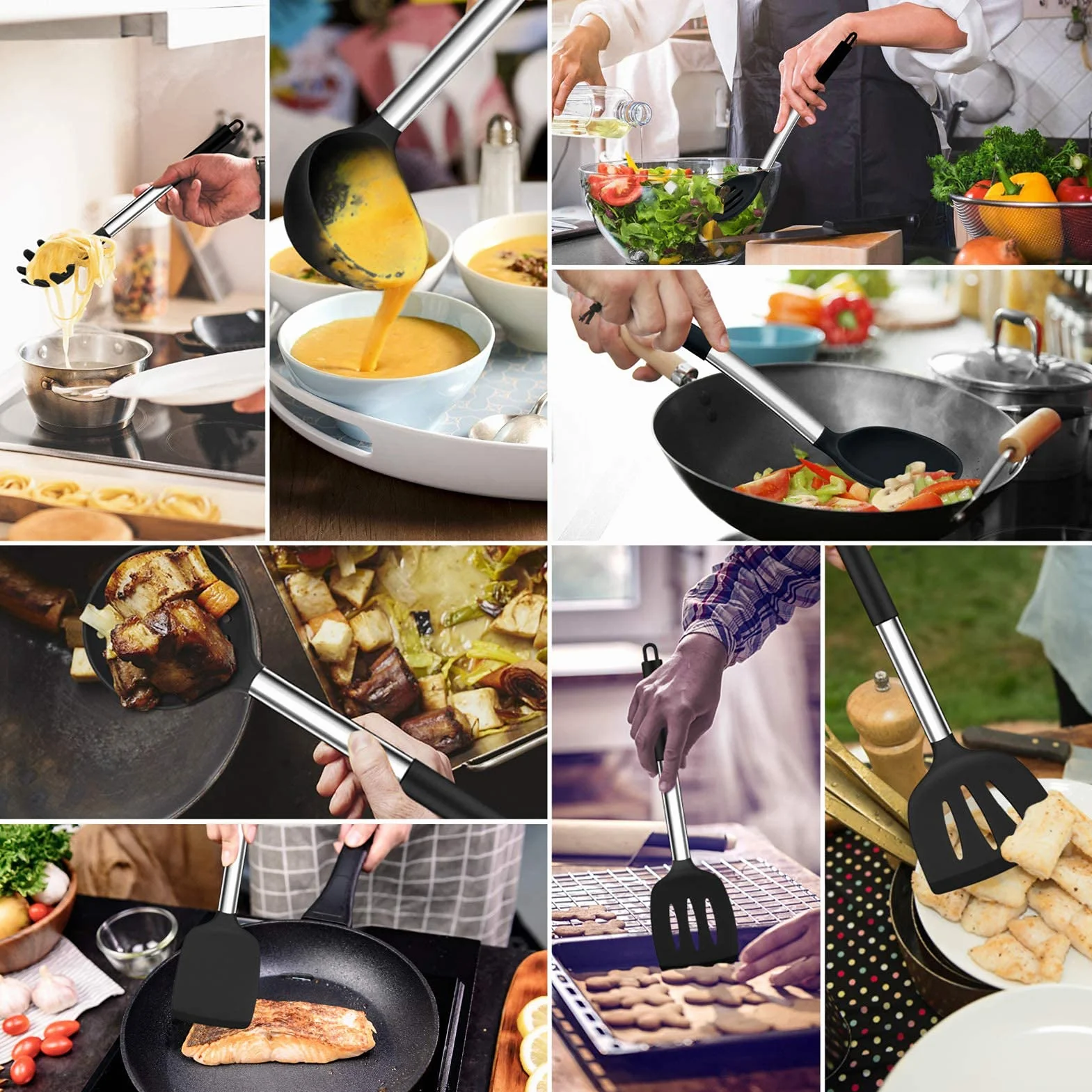 Homikit Zestaw przyborów kuchennych, 17 sztuk, silikonowe przybory kuchenne, nieprzywierające, odporne na wysokie temperatury, z uchwytem ze stali nierdzewnej, zdrowe i trwałe, nadają się do mycia w