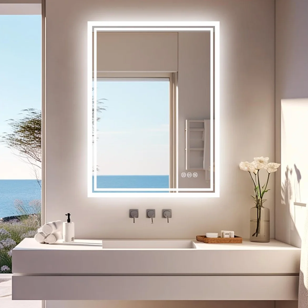 LUVODI Lustro łazienkowe LED z podświetleniem: 60 x 80 cm, lustro łazienkowe z włącznikiem dotykowym, bez zaparowania, możliwość ściemniania, lustro do makijażu