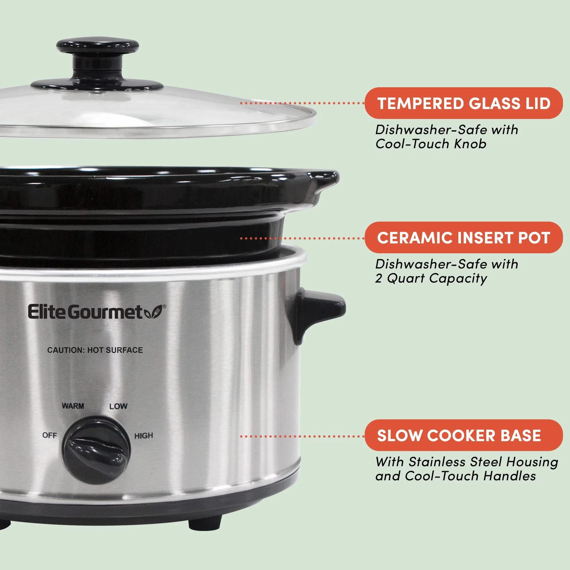 Elite Gourmet MST-275XS wolnowar, elektryczny, owalny, regulowana temperatura, przystawki, sosy, dania jednogarnkowe i dipy, szklana pokrywka i garnek nadaje się do mycia w zmywarce, 2,27 l, stal