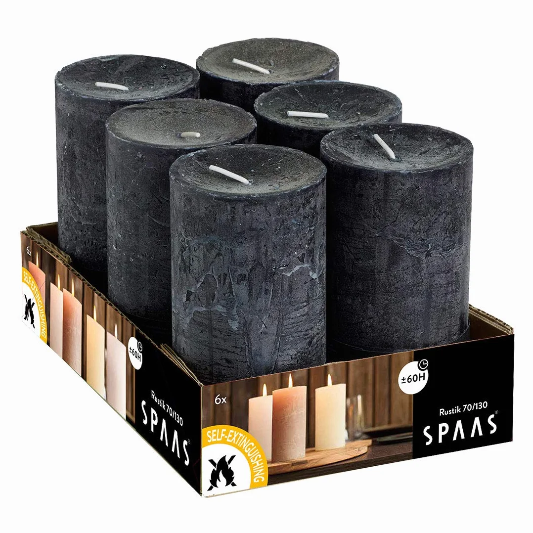 Spaas 6 Rustic Unscented Rustic Pillar Candles 70/130 mm, ± 60 Hours, Black