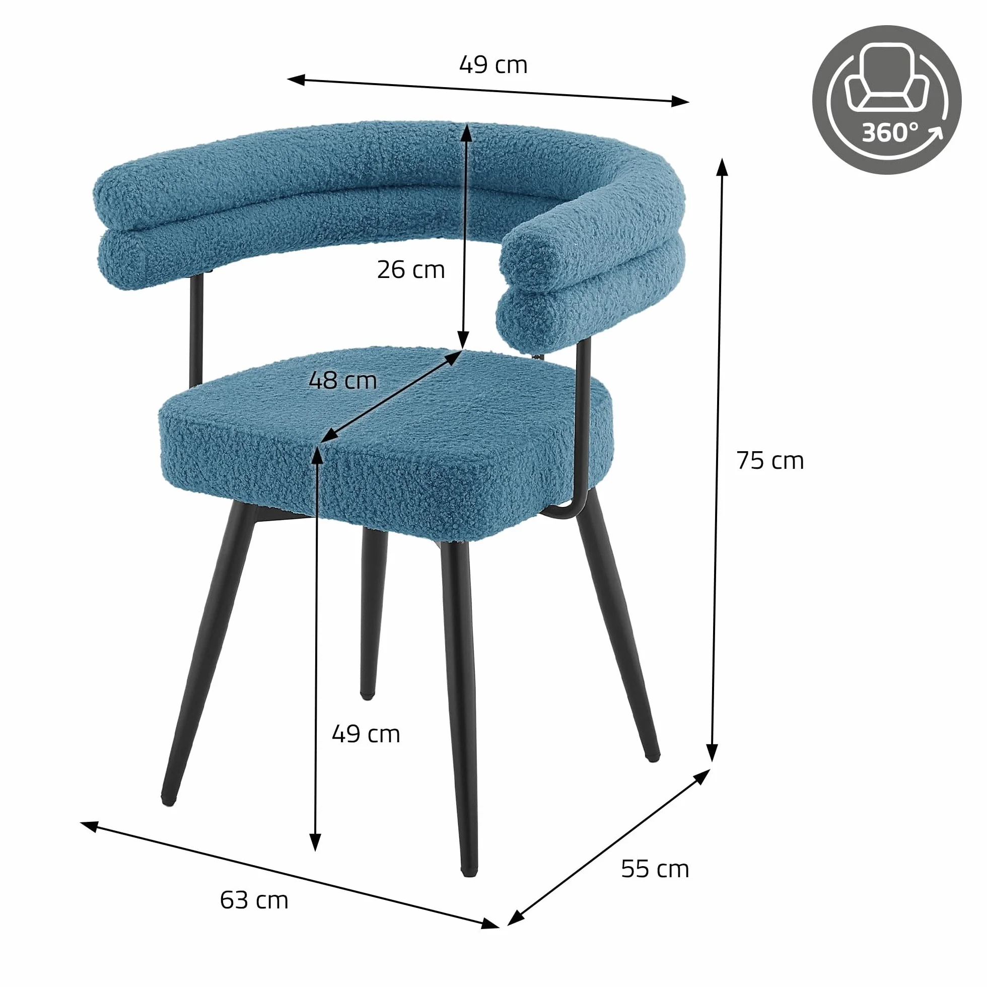 ML-Design Krzesla do salonu i jadalni obrotowe 360 stopni zestaw 4 szt niebieski Teddy tapicerowane z podlokietnikami ergonomiczne metalowe nogi komfortowe siedzisko do stolu kuchni styl nowoczesny