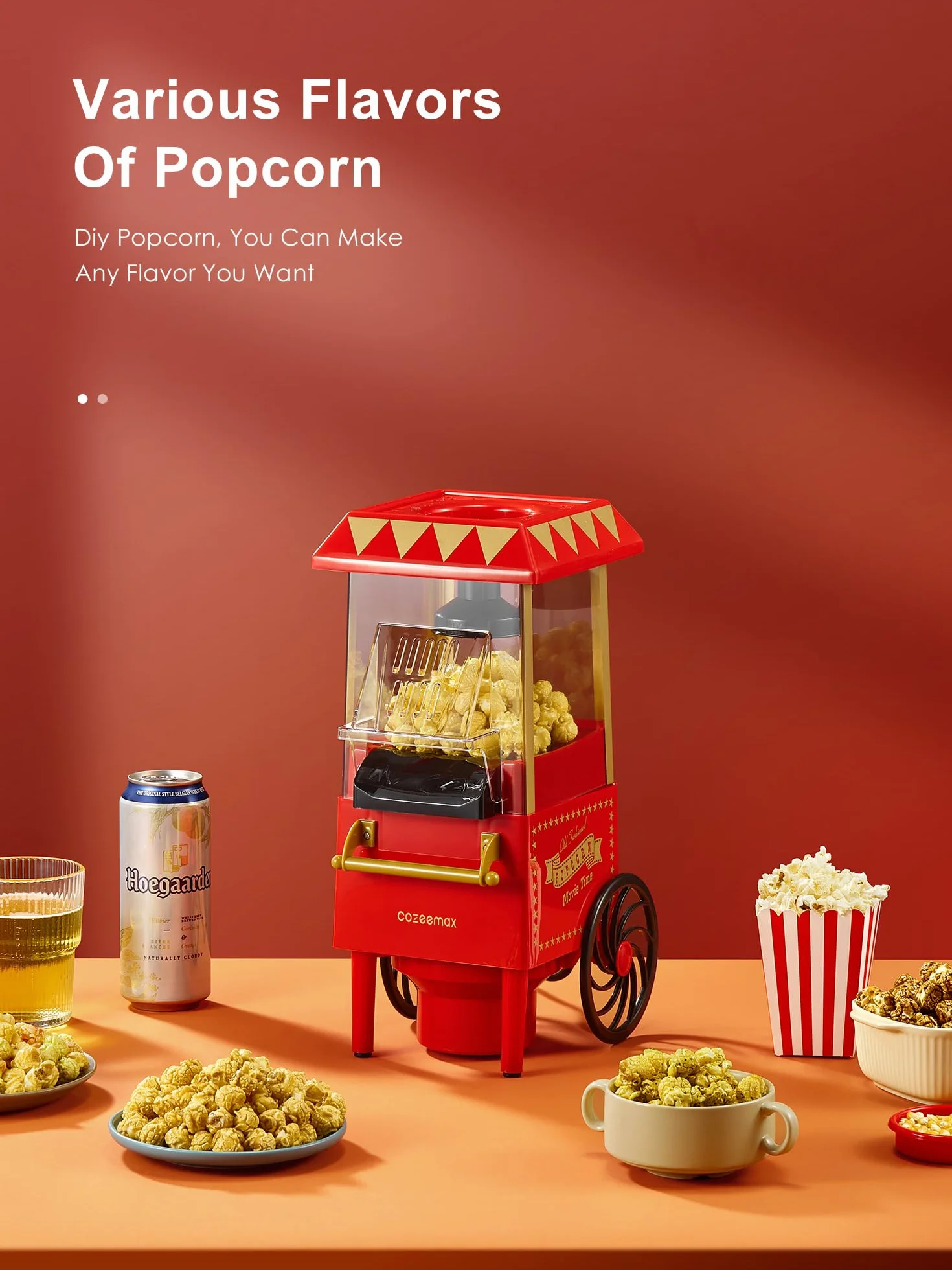 maszyna do popcornu w stylu retro, 1200 W, domowa maszyna do popcornu z gorącym powietrzem, bez tłuszczu i oleju, obsługa jednym przyciskiem, czerwona