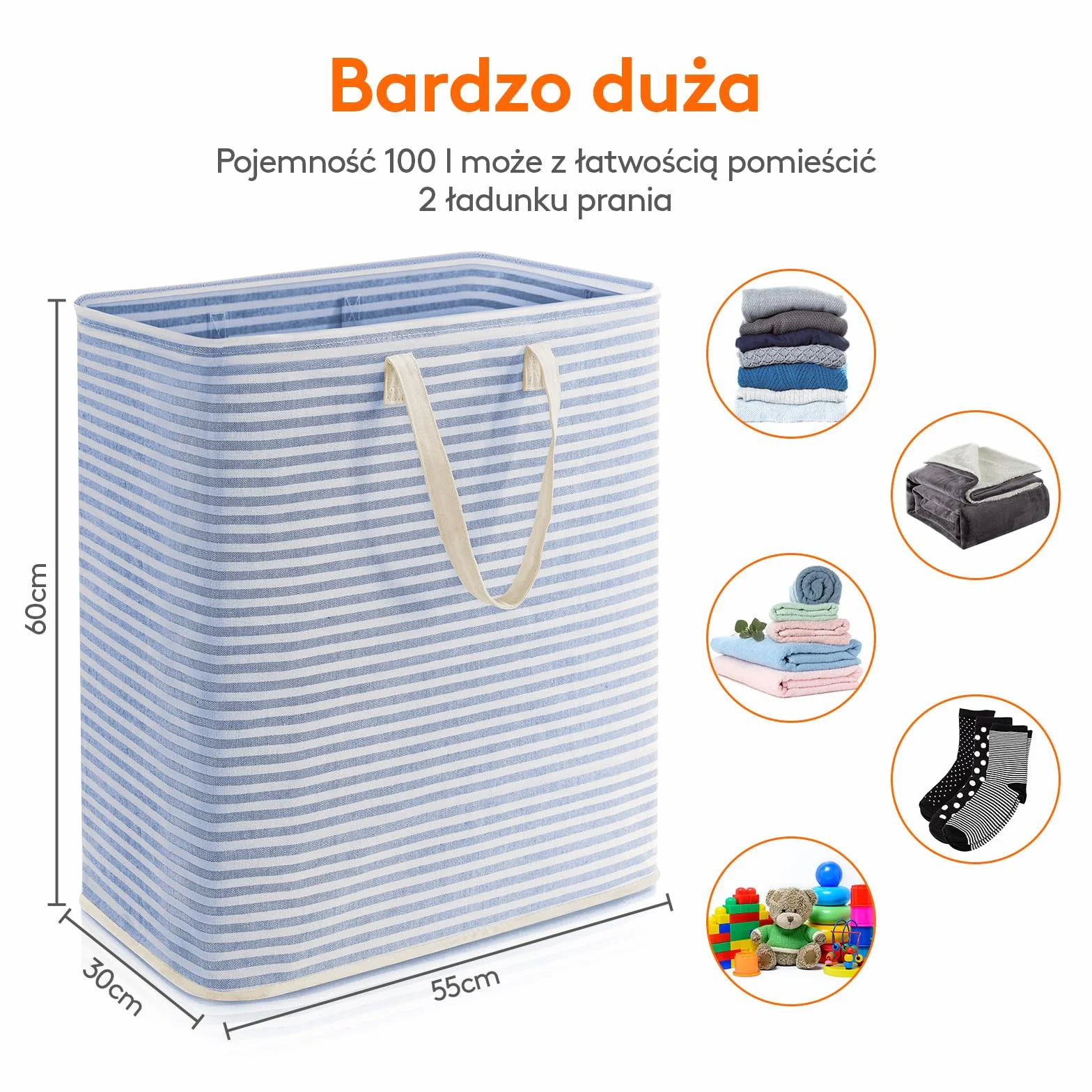 Lifewit Kosz na Pranie z Uchwytem, Duży Składany Wodoodporny Kosze Brudna Ubrania, Laundry Basket do Odzież, Sypialnia, Granatowy, 100L