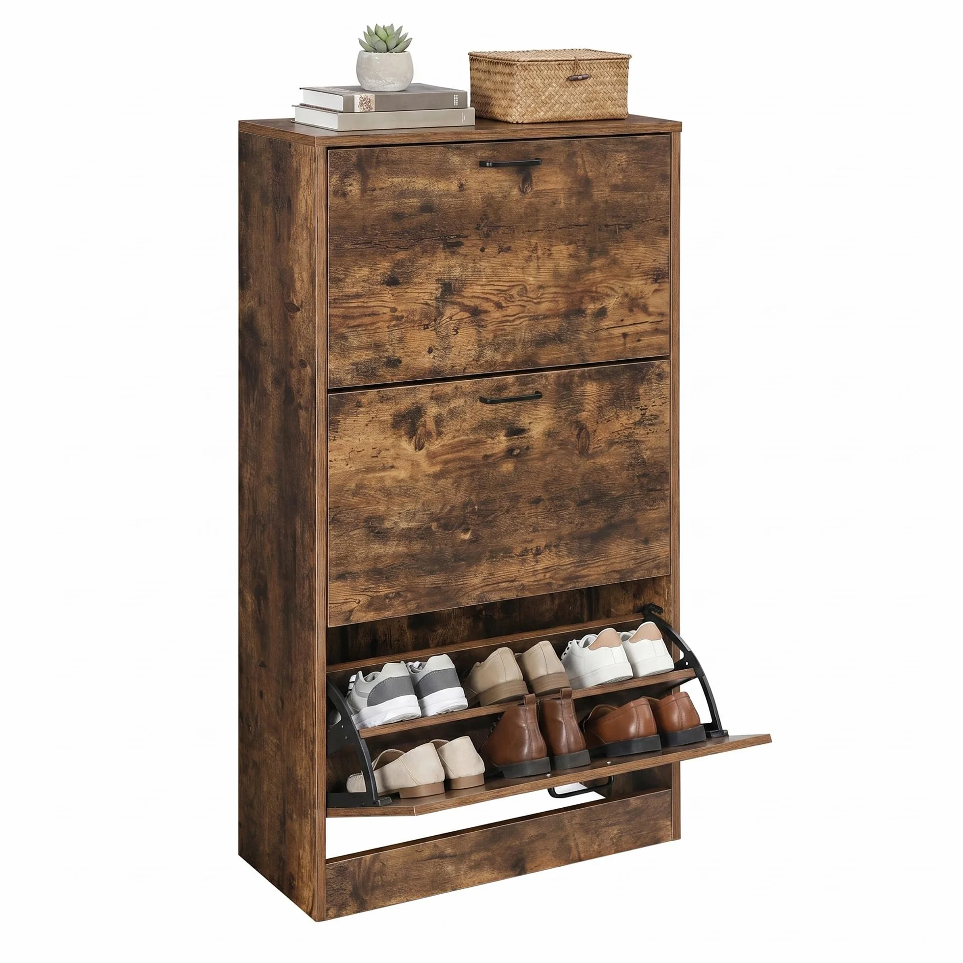 VASAGLE Szafka na buty z 3 drzwiami z klapką, 3-poziomowa drewniana szafka do przechowywania, idealna do wąskiego wejścia, przedpokoju, salonu, sypialni, 60 x 24 x 120 cm (dł. x szer. x wys.),