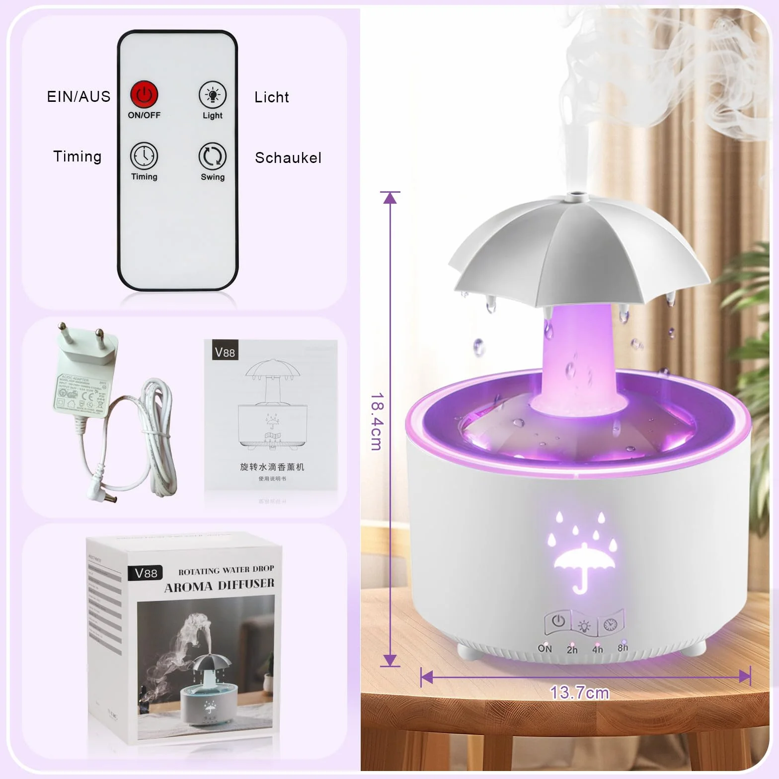 Justup Parasolowy nawilżacz powietrza, obracający się 7 kolorów LED do aromaterapii, duża pojemność 300 ml, nawilżacz z pilotem zdalnego sterowania (biały)