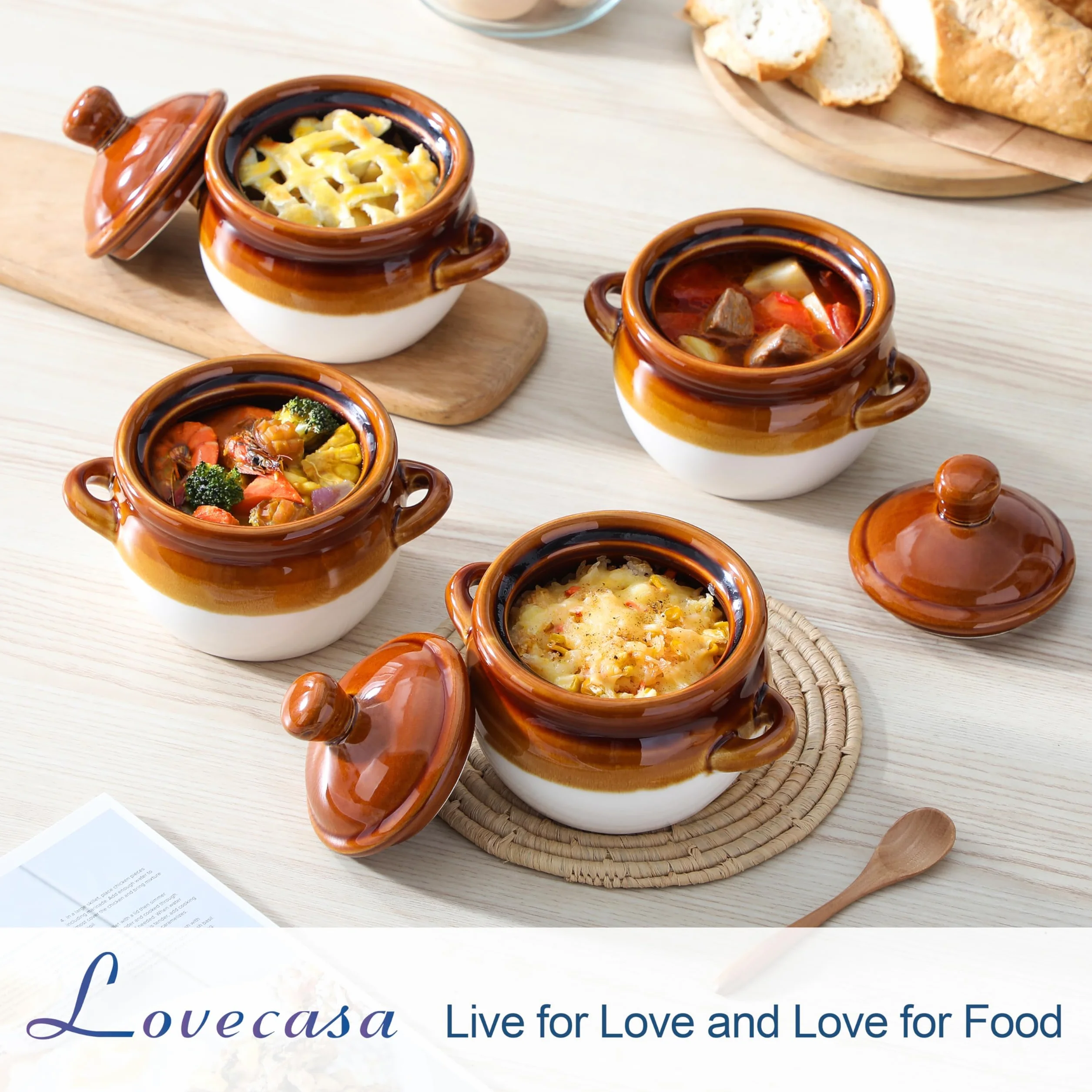 LOVECASA Francuskie miski do zupy cebulowej z uchwytami, pokrywkami i serwowania, ceramiczne, nadają się do piekarnika, chili, gulasza wołowego, płatków, lasagne, 4 szt.