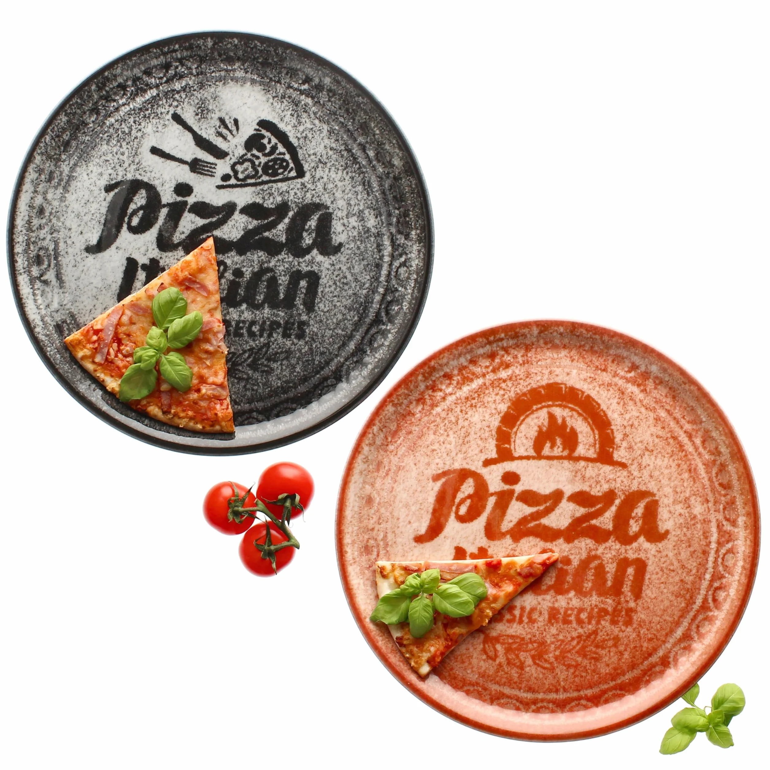 MamboCat Zestaw 2 Talerzy do Pizzy w Kolorze Czerwonym i Czarnym, Ø 31 cm, dla 2 Osób, Duże Talerze z Porcelany z Dekoracją i Napisem, Przyrządzania I Talerz Obiadowy XL