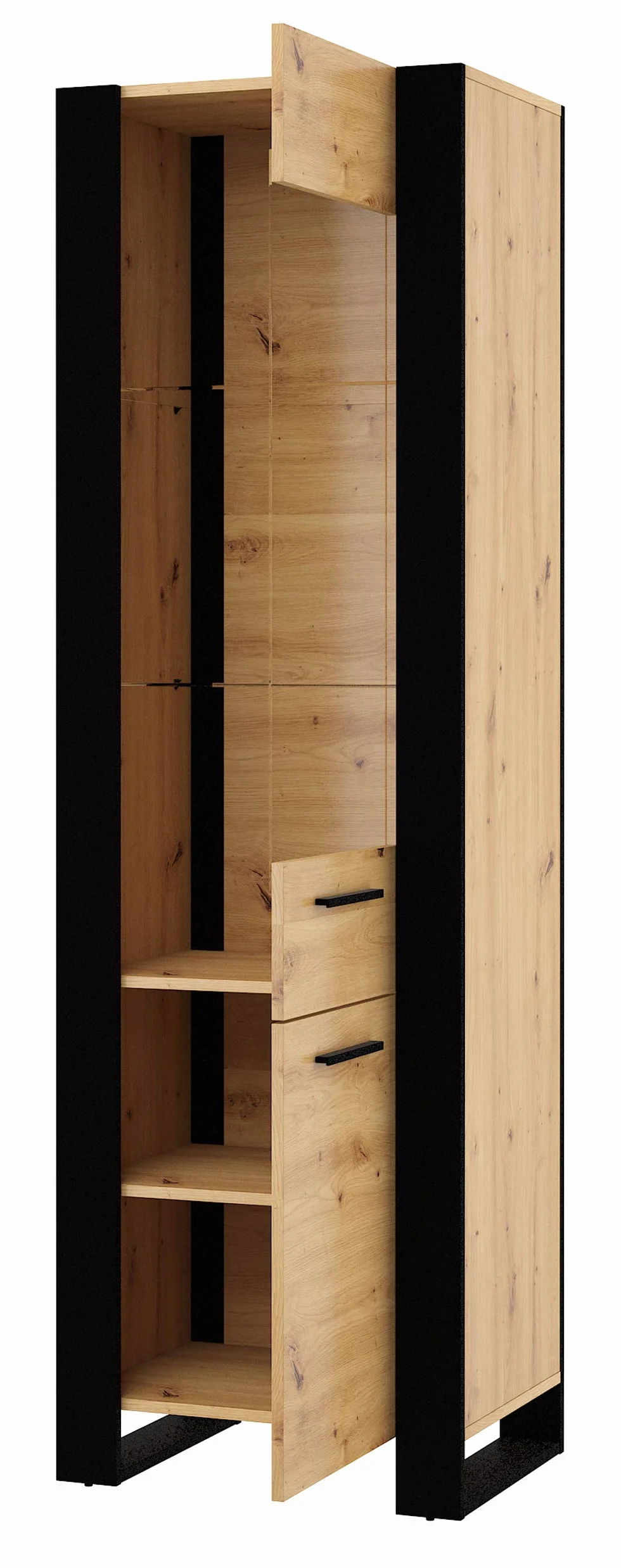 Witryna Nuka E 58 cm – dąb artisan czarna, nowoczesna szafka stojąca do salonu i jadalni, przeszklony mebel ekspozycyjny do przechowywania, kolekcja Nuka