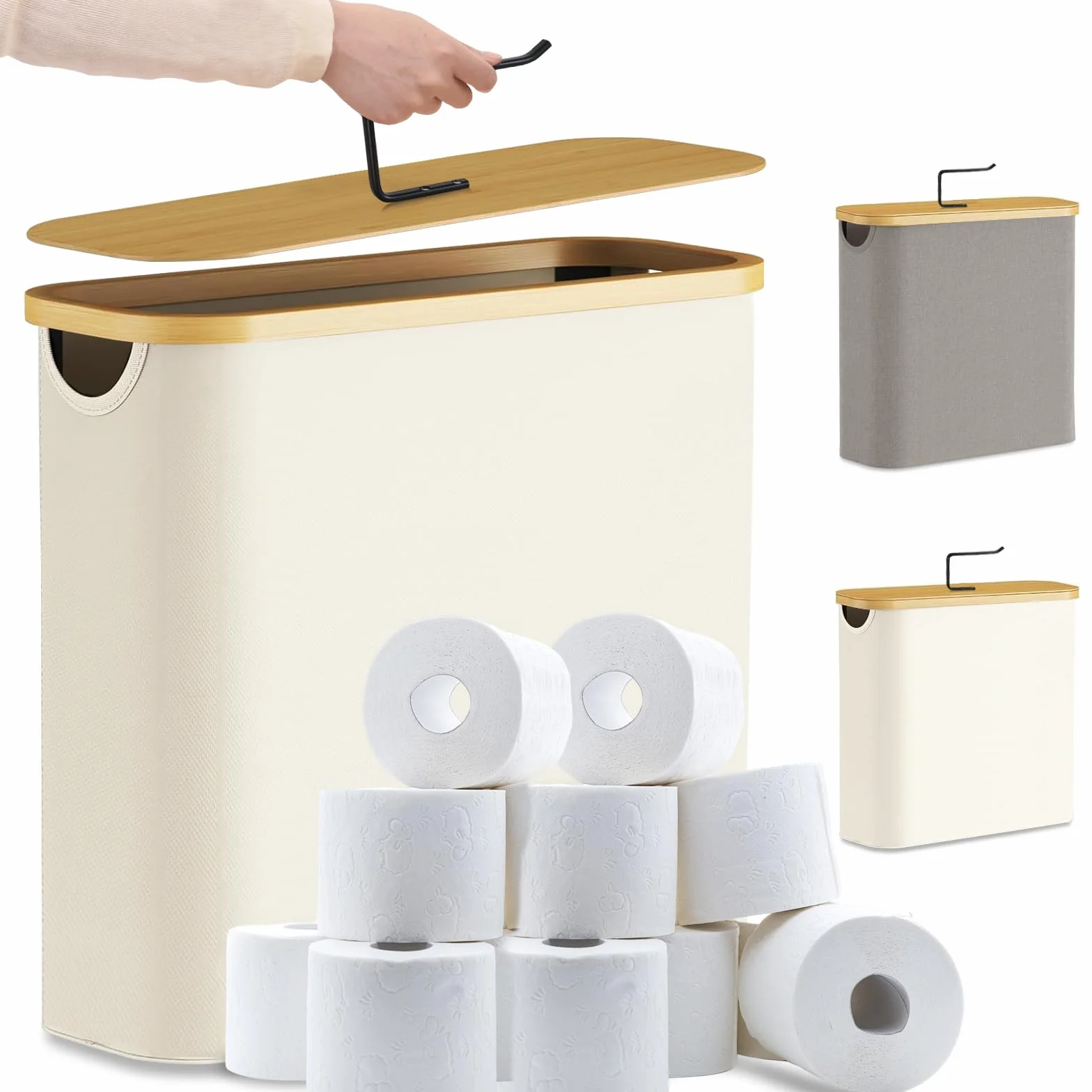 Kosz do przechowywania papieru toaletowego, 30 l, z pokrywką, z bambusa, pojemnik do przechowywania papieru toaletowego, biały, elegancki organizer łazienkowy do rolek toaletowych