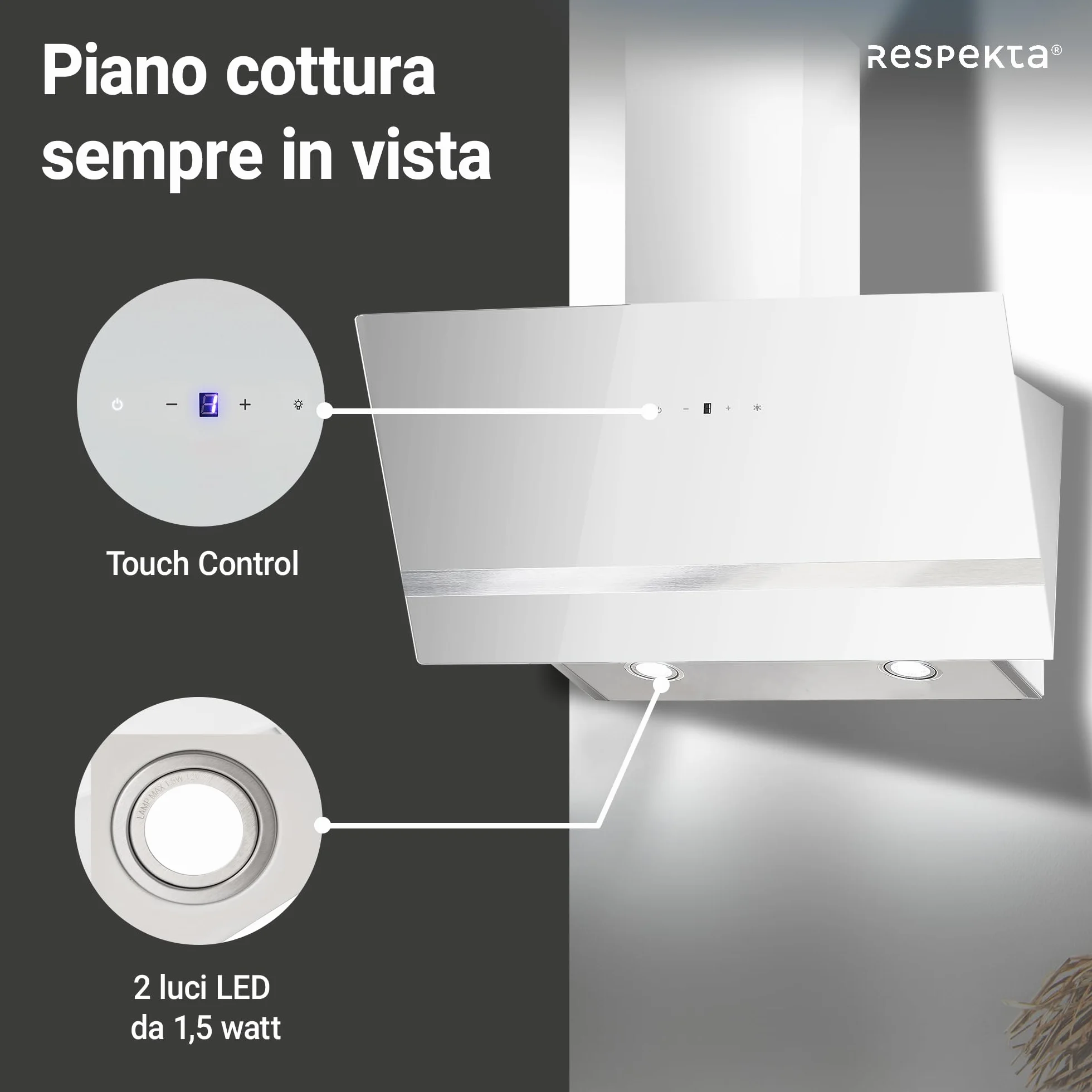 Respekta Okap wyspa bez kaptura/okap skośny 80 cm/metalowa rama z białym szklanym kloszem/funkcja wylotu i cyrkulacji powietrza/CH24080WM / A / 65 – 70 dB