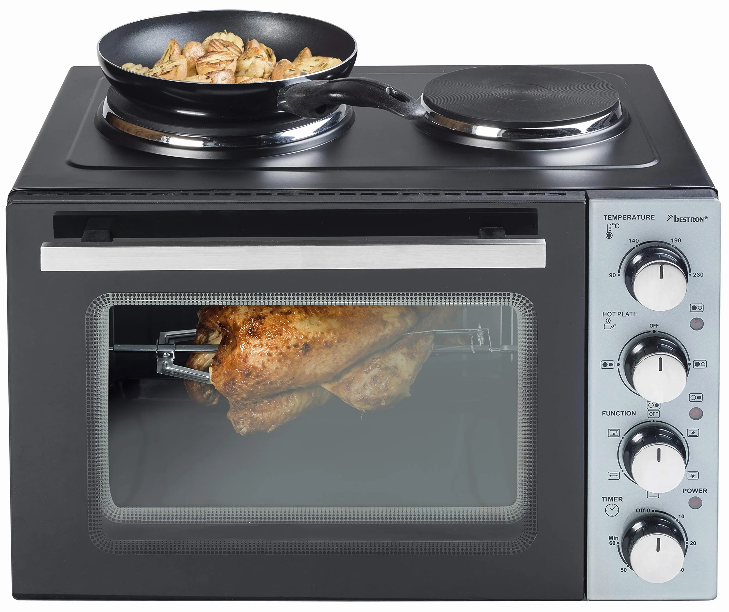 Bestron AOV31CP mała kuchnia, mini piekarnik z podwójną płytą grzewczą, górna/dolna grzałka z funkcją obiegu powietrza do 230°C, 3200 W, czarny