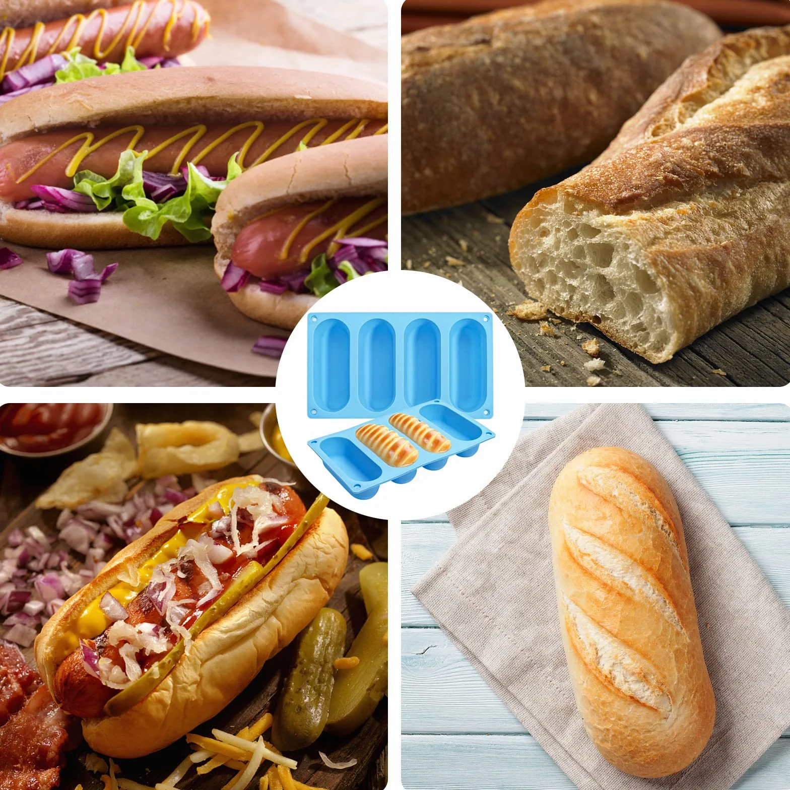 Forma Silikonowa do Bułek Hot Dogowych 2 szt - Nieprzywierająca, Odporna na Ciepło do Pieczenia Chleba i Kiełbasy
