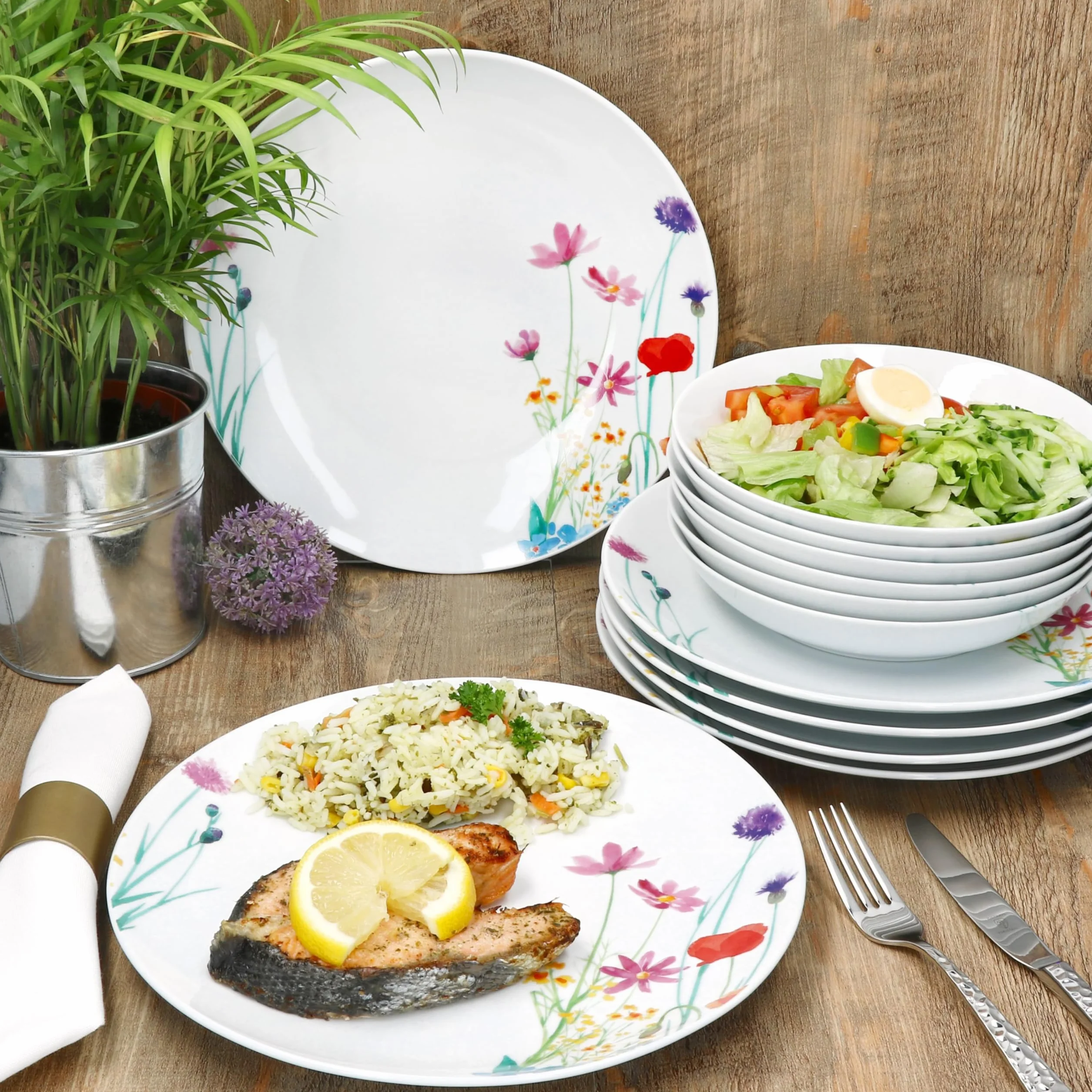 MamboCat Marie 12-częściowy zestaw obiadowy z porcelany, dekoracja łąki kwiatowej, dla 6 osób