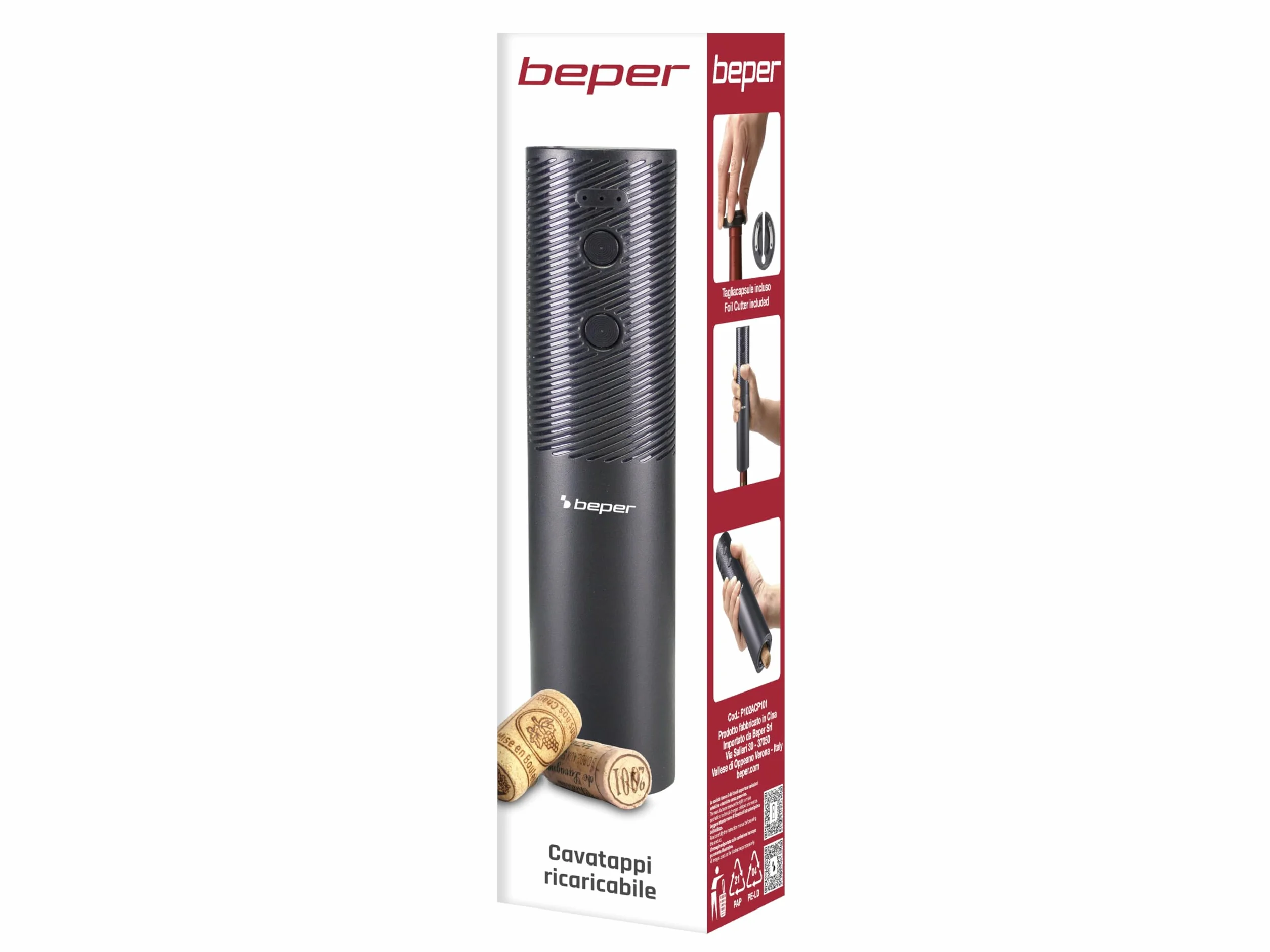 BEPER P102ACP101 Elektryczny korkociąg do wina, 20 W, elektryczny otwieracz do butelek z akumulatorem USB, w zestawie nożyk do kapsli, lampka LED, otwieranie 50 butelek z ładowaniem, czarny