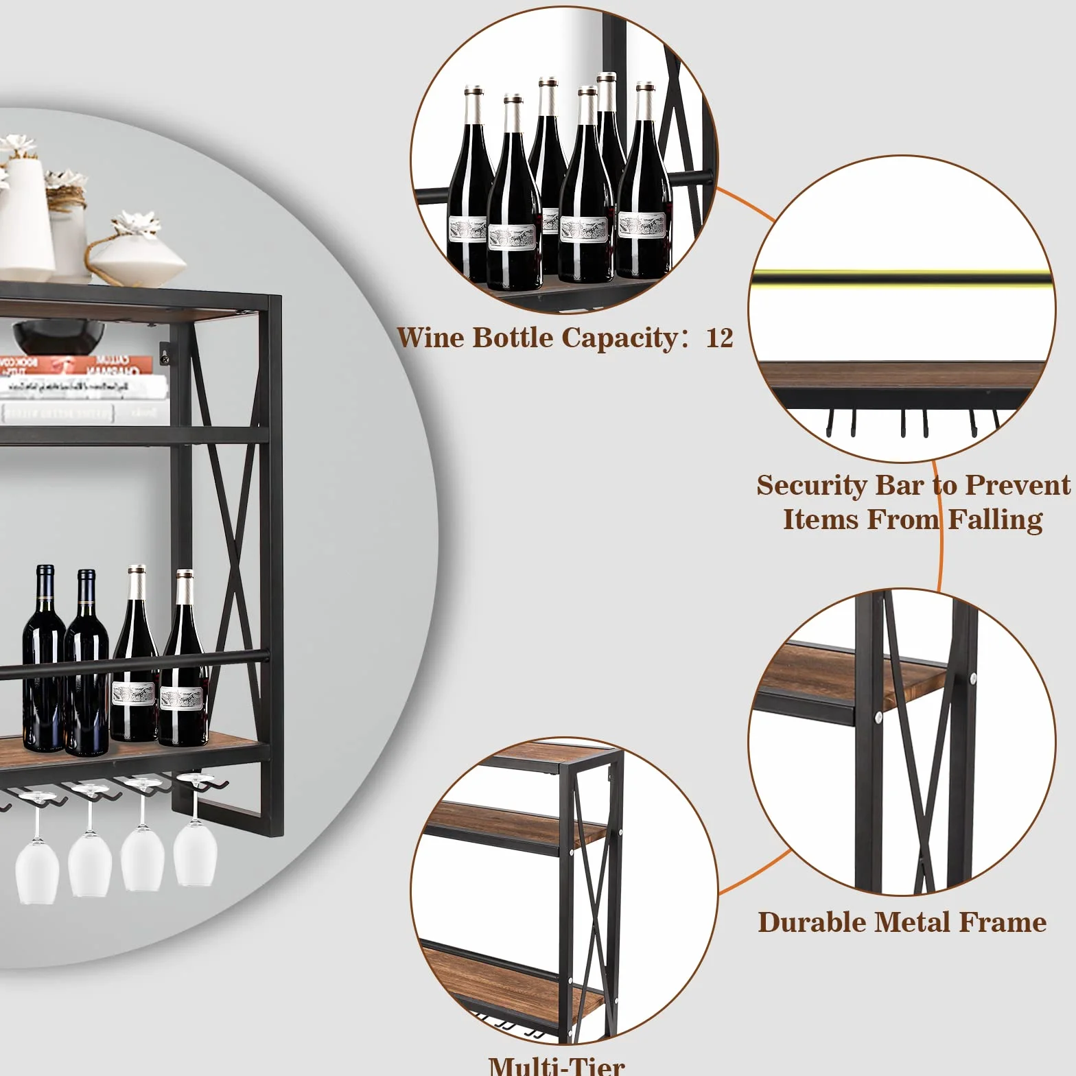Todeco Naścienny stojak na wino 3-poziomowa drewniana półka metalowa rama 60 cm