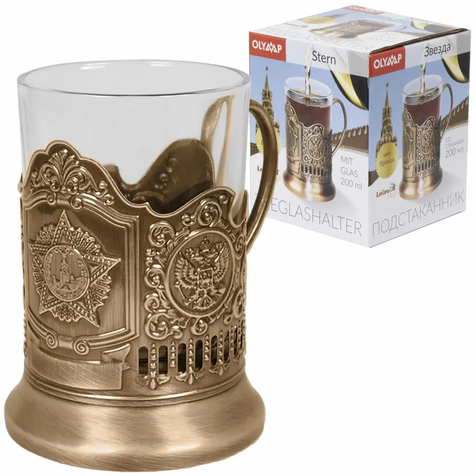 Olymp metalowy szklany uchwyt do gorącej herbaty Podstakannik rosyjski 200 ml kolor miedź