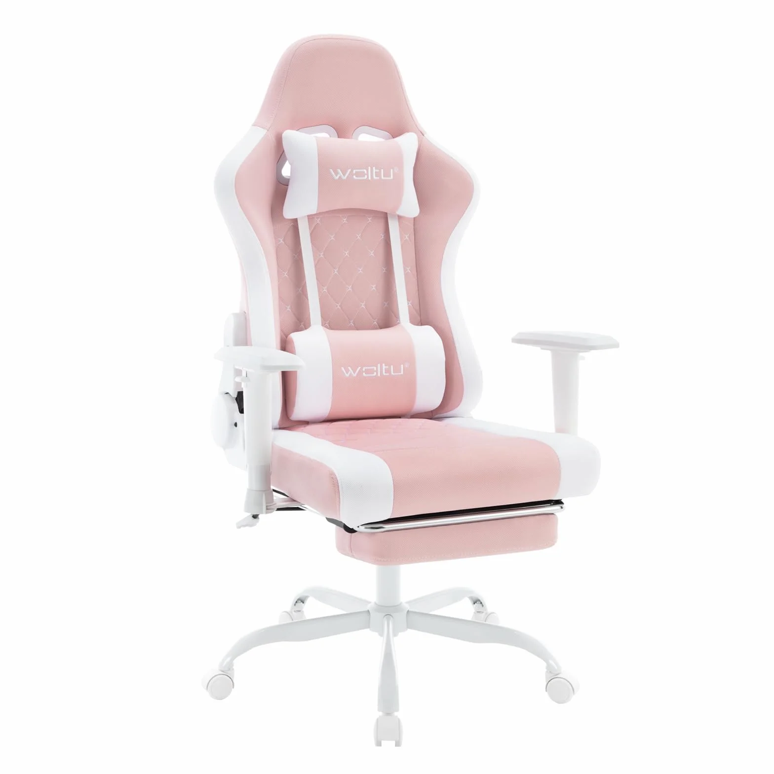 WOLTU Fotel dla Graczy z Masażem, Ergonomiczne Krzesło Biurowe z Zagłówkiem i Podparciem Lędźwiowym, Odchylany, 150 kg, Tkanina Siatkowa, Różowy + Biały, GS14rsw