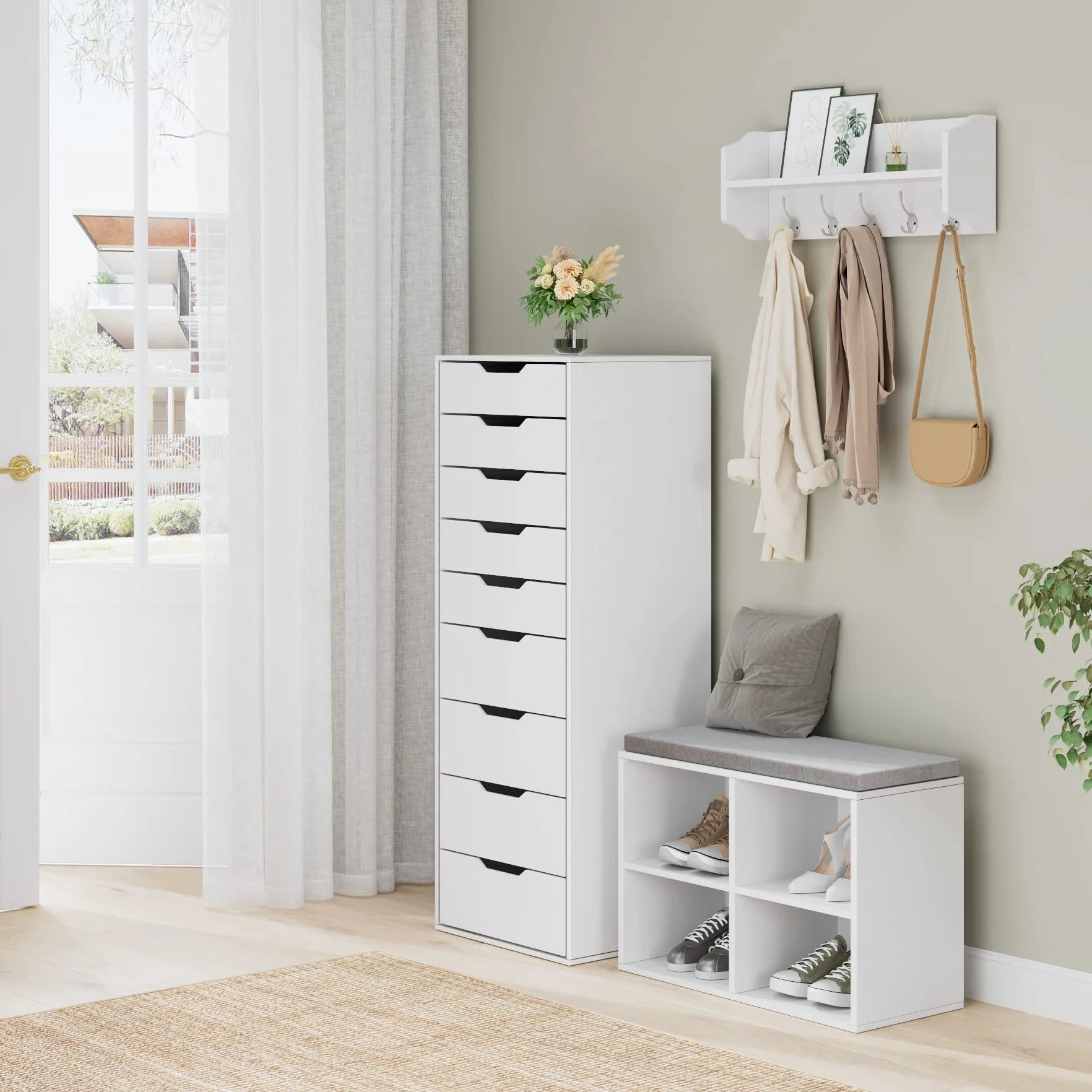 FOREHILL Komoda do sypialni wysoka z 9 szufladami 124,5 cm biała