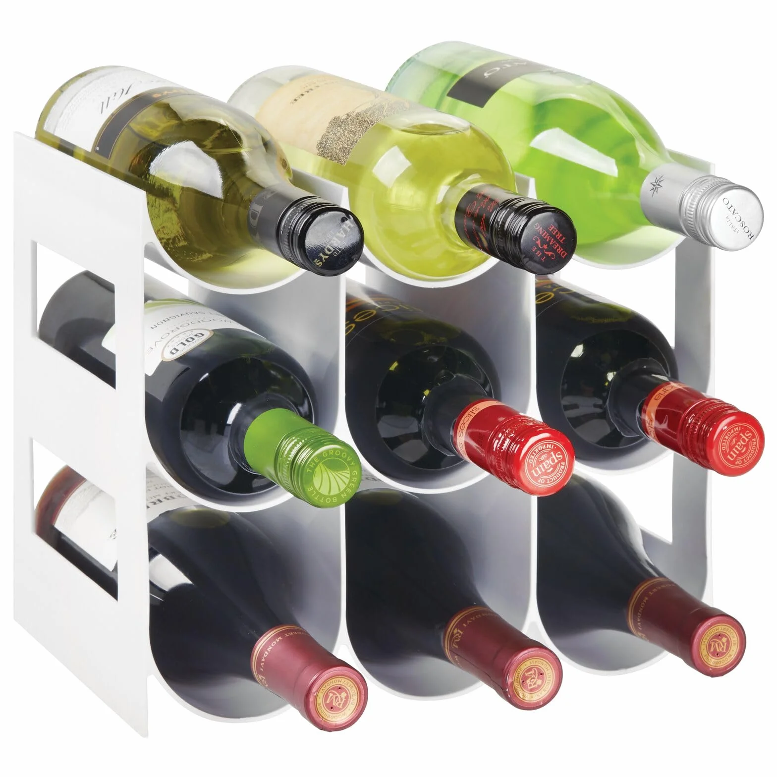mDesign Stojak na wino - uchwyt na butelkę wody i wina do blatów roboczych, spiżarni i lodówek, stojak do przechowywania wina z 3 poziomami i 9 przegródkami - biały