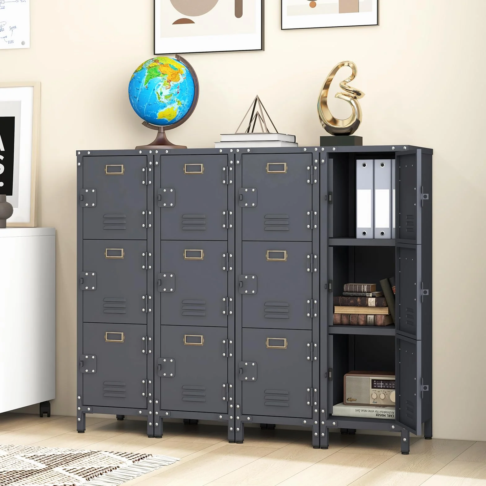 COSTWAY Metalowa szafka na dokumenty 30 x 35 x 100 cm, metalowa szafka z 3 zamykanymi drzwiami, regulowane nóżki, ochrona przed przewróceniem, szafka biurowa vintage, szafka do przechowywania do biura