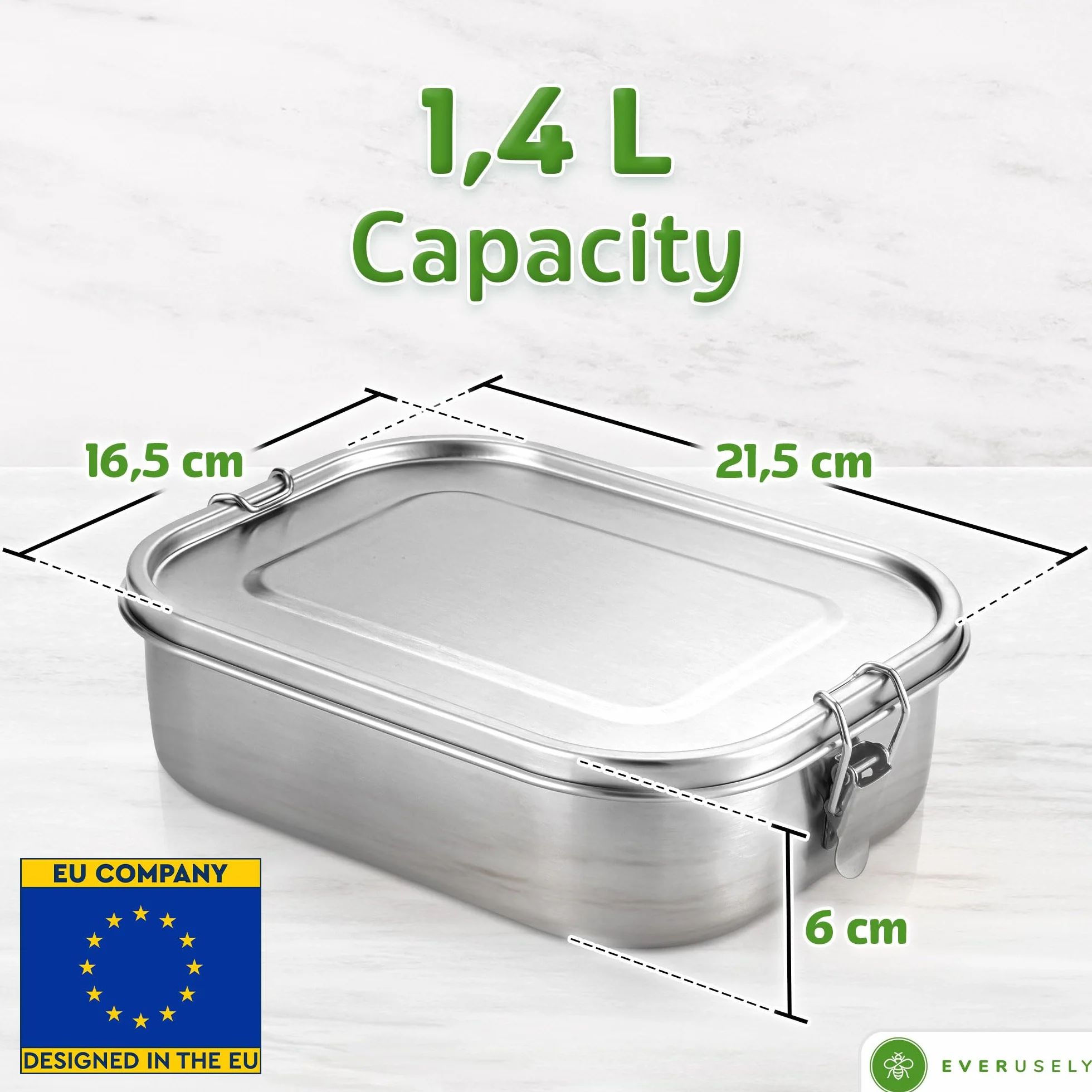 Everusely - Bento Box - Stainless Steel Lunch Box for Adults - 1.4 L - 5 Compartment Snack Container + Removable Silicone Seal + Secure Lock Clip