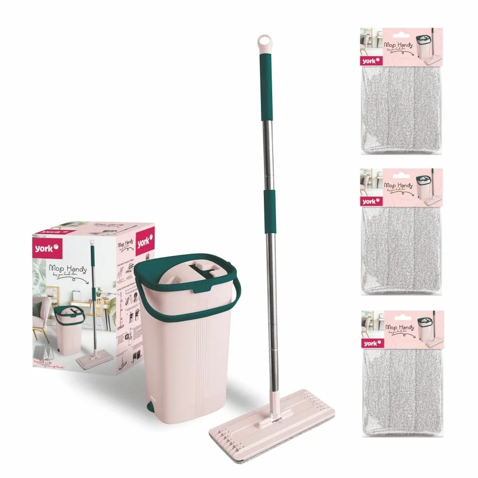 York Handy Mop płaski | Zestaw mopa z wiadrem i 3 nakładkami | Innowacyjny automatyczny system wyciskania | Pojemność 6 litrów | Wymiary 31x12cm | Składana uchwyt 120cm | Różowo-zielony