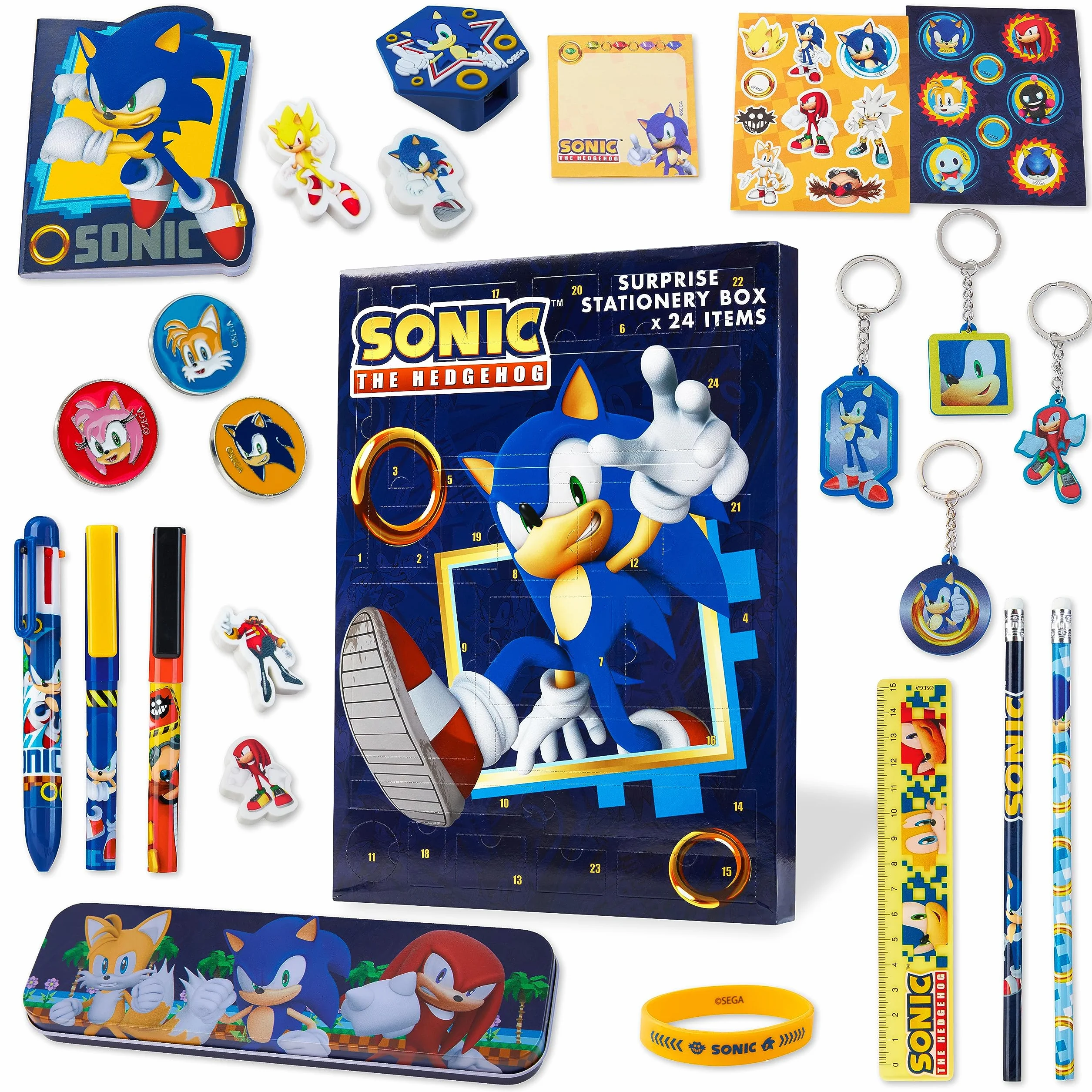 Sonic The Hedgehog Kalendarz adwentowy 2024 dla dzieci i młodzieży, bransoletka breloki papiernicze
