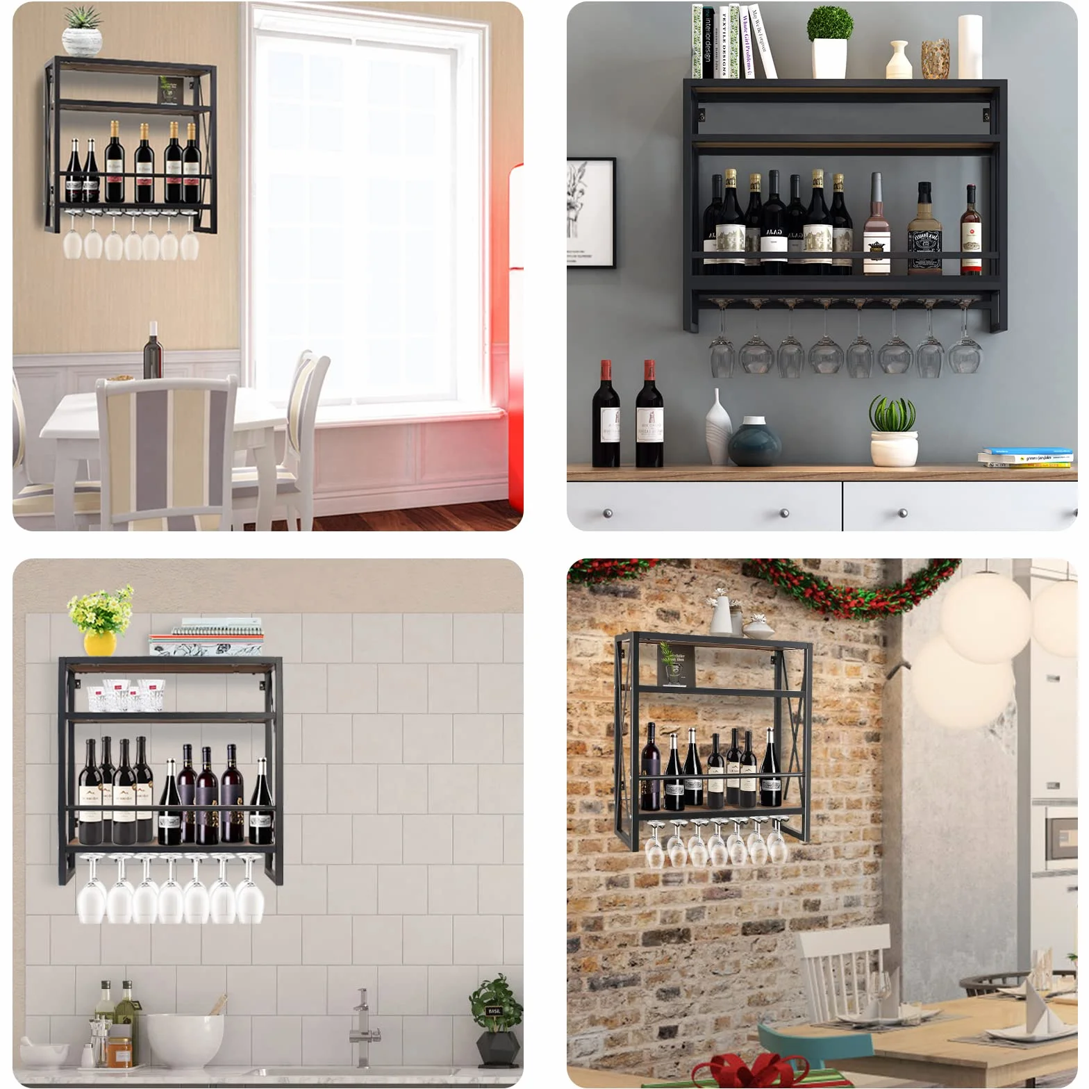 Todeco Naścienny stojak na wino 3-poziomowa drewniana półka metalowa rama 60 cm