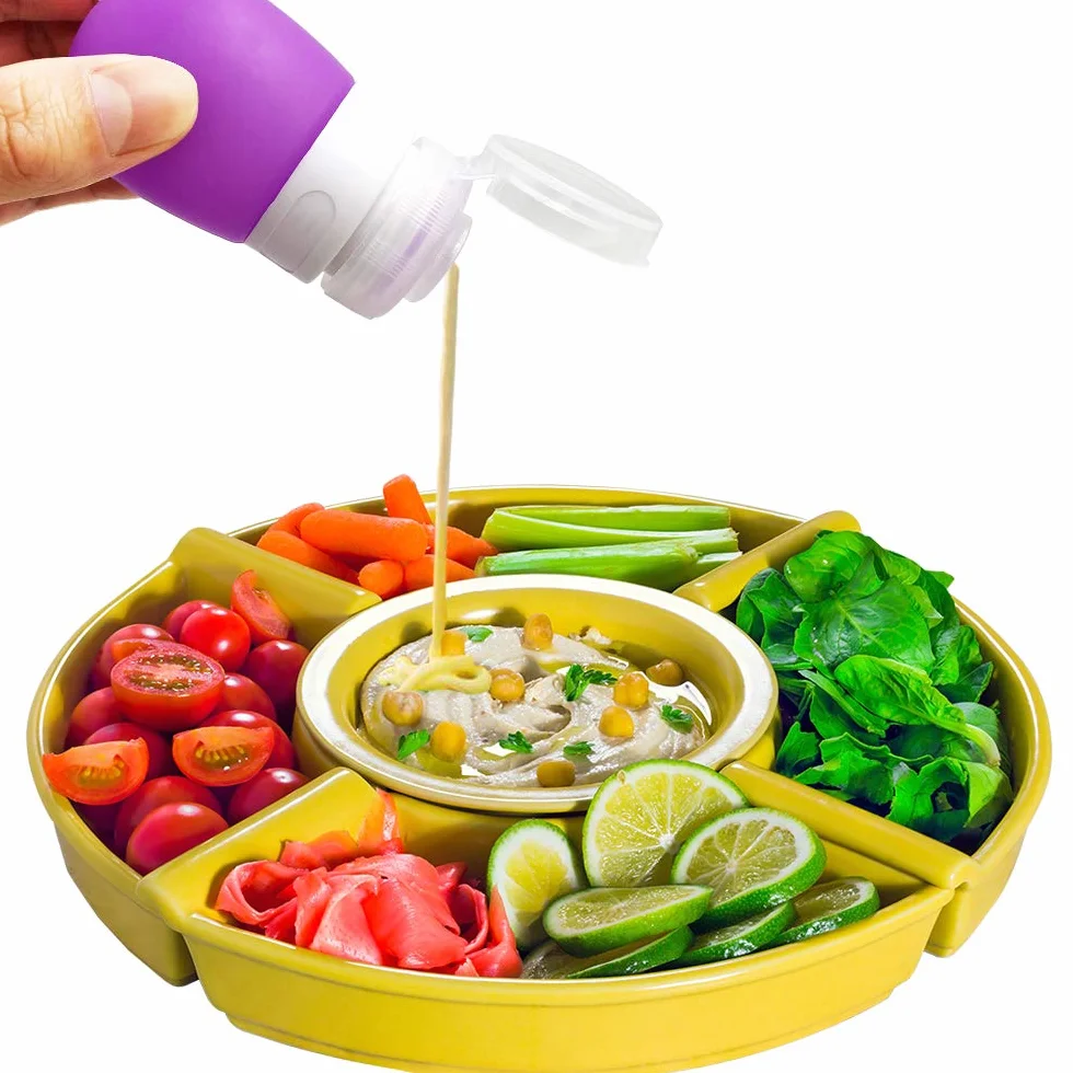 4 butelki dressingu Squeeze, FineGood 1,3oz i 2 uncji. Przenośne pojemniki na sosy, butelki z przyprawami do przechowywania żywności, wodoodporne, z 2 pędzlami do czyszczenia - 4 kolory